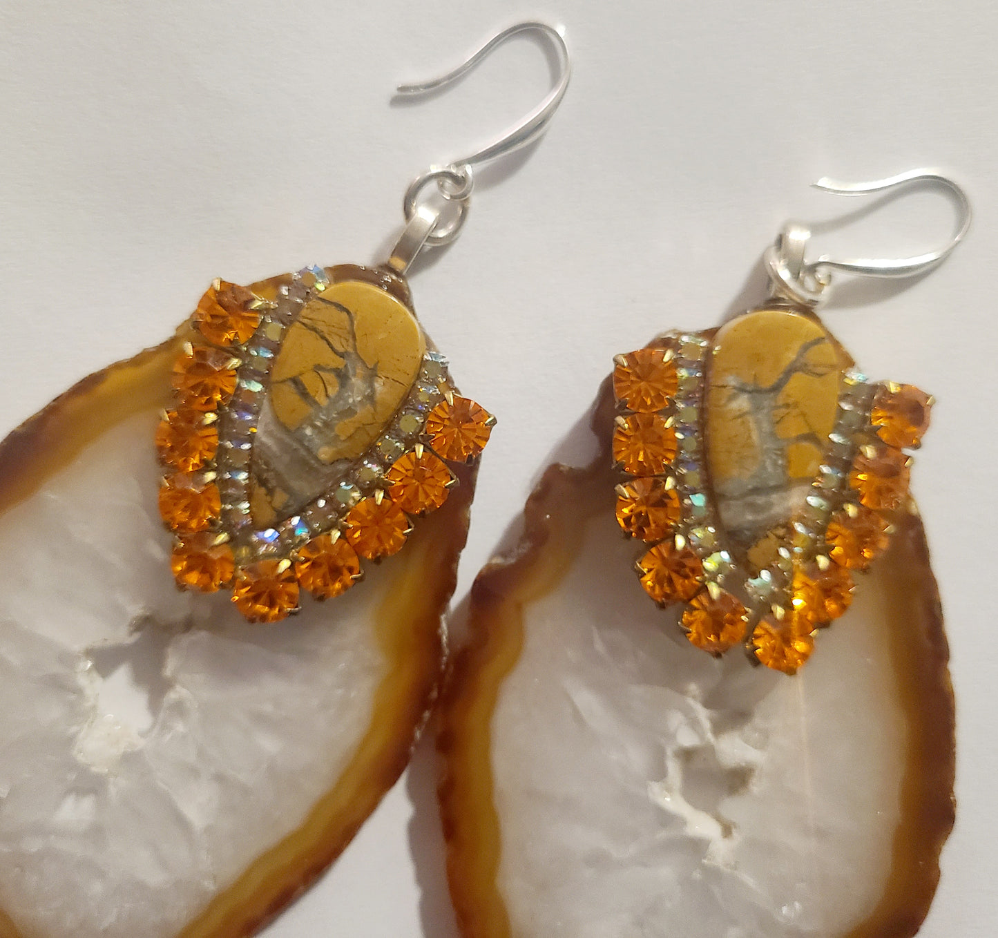 Earthy Agate Slice Jasper & Rhinestone Pierced Dangle Statement Earrin