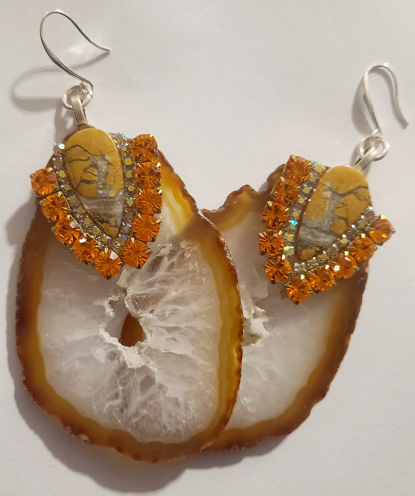 Earthy Agate Slice Jasper & Rhinestone Pierced Dangle Statement Earrin