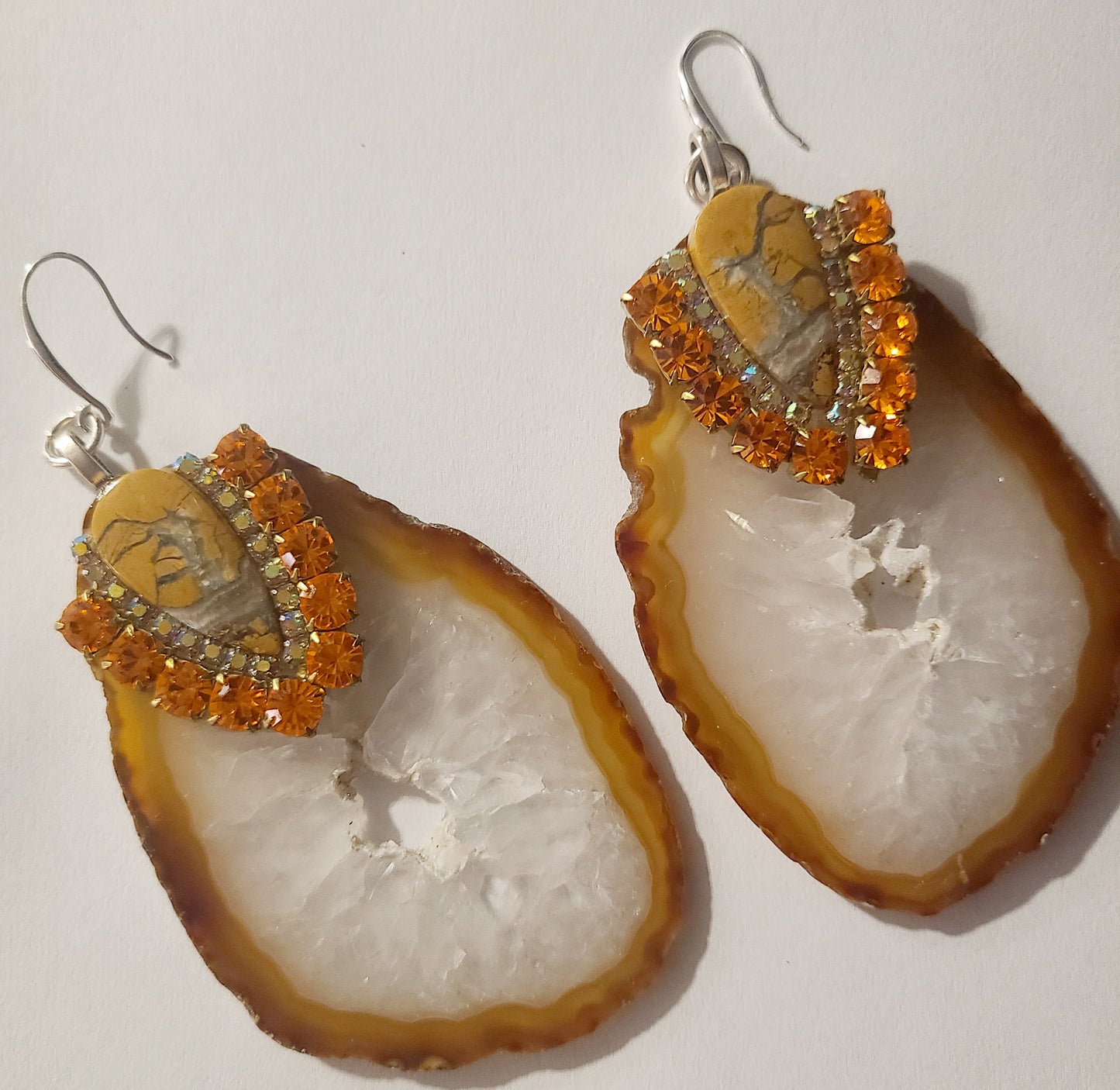 Earthy Agate Slice Jasper & Rhinestone Pierced Dangle Statement Earrin