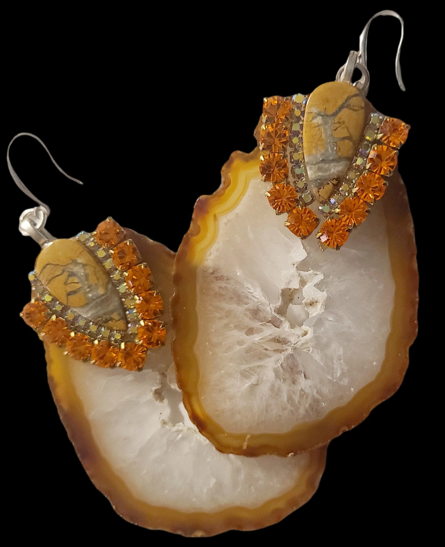 Earthy Agate Slice Jasper & Rhinestone Pierced Dangle Statement Earrin