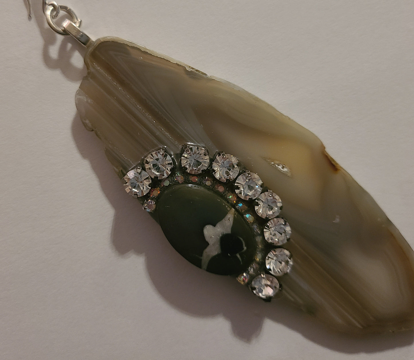 Polished Gray Agate Jasper & Rhinestone Dangle Pierced Earrings