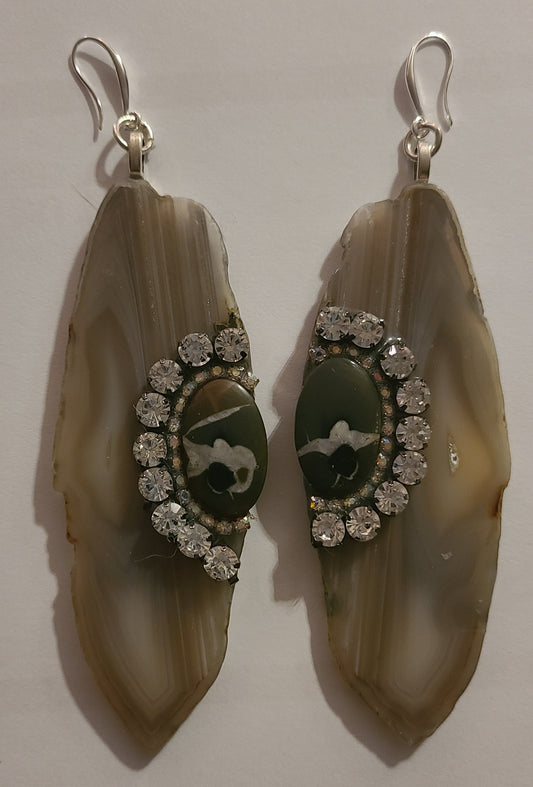 Polished Gray Agate Jasper & Rhinestone Dangle Pierced Earrings