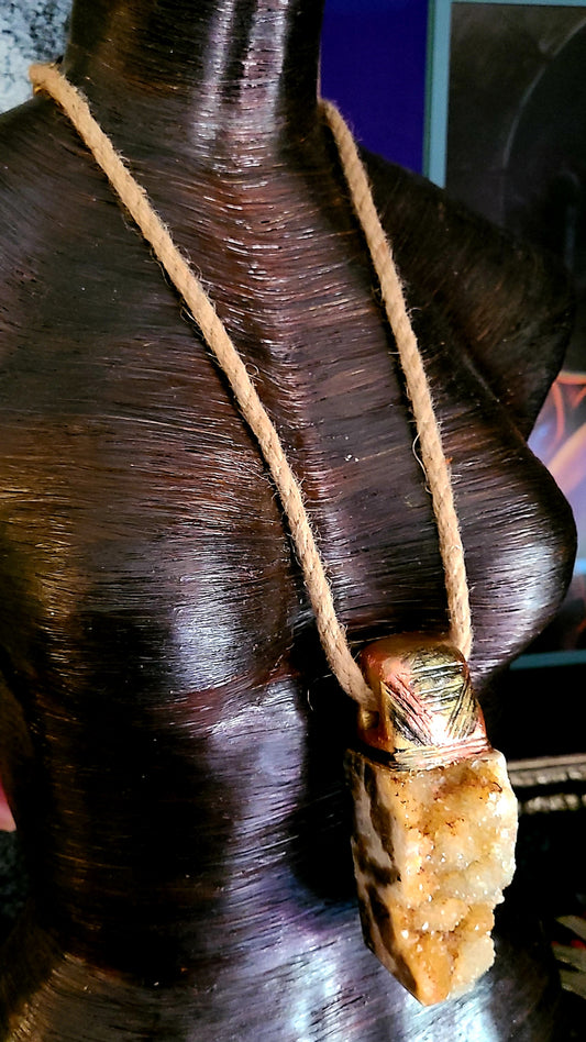 Orange & Brown Crystal Zebra Jasper Druzy Hemp Rope Pendant - Scarce