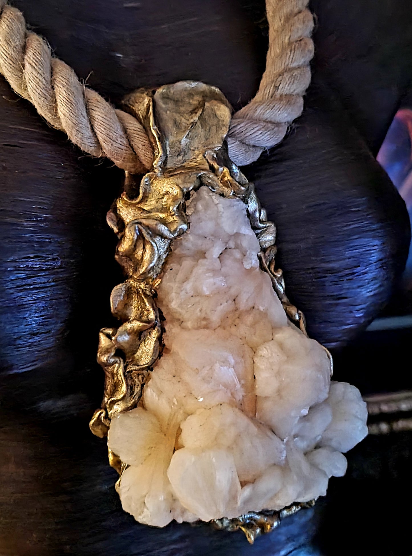 Rough Stilbite Sculpted Chest Piece With Bold Hemp Rope - Unisex