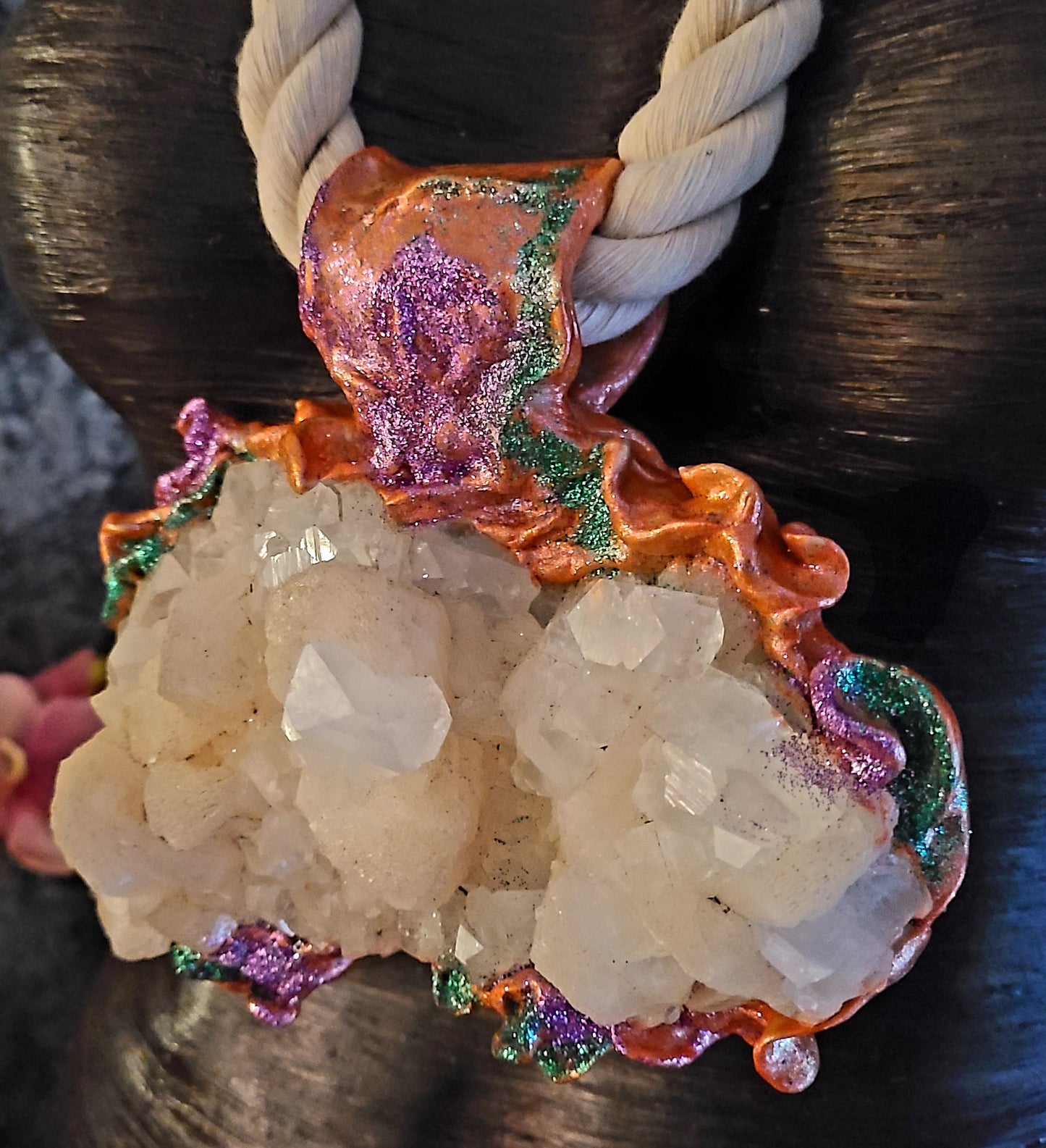 OOAK Sculpted Apophyllite & Stilbite Pendant - Unisex Crystal Talisman