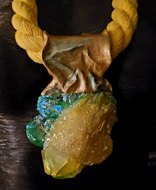 Talisman Rough Quartz Yellow Green Aura Yellow Rope Gemstone Pendant,