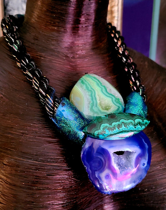 Druzy Agate & Malachite Sculpted Unisex Chest Piece With Metallic Rope
