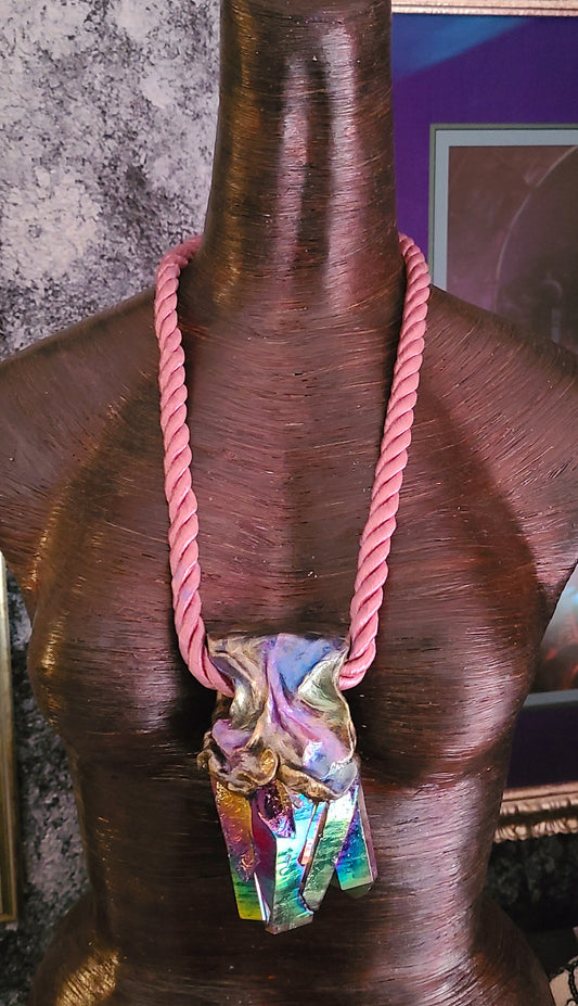Rough Rainbow Quartz Sculpted Unisex Amulet & Silk Rope - Jewel Tone