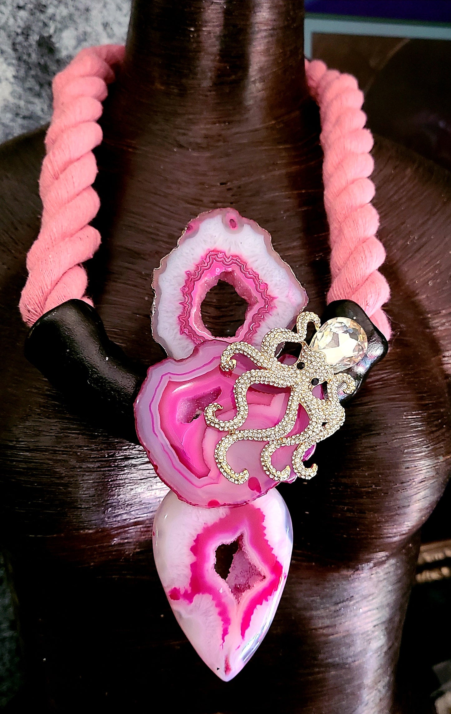 Pink Druzy Agate & Rhinestone Octopus Sculpted Chest Piece With Rope