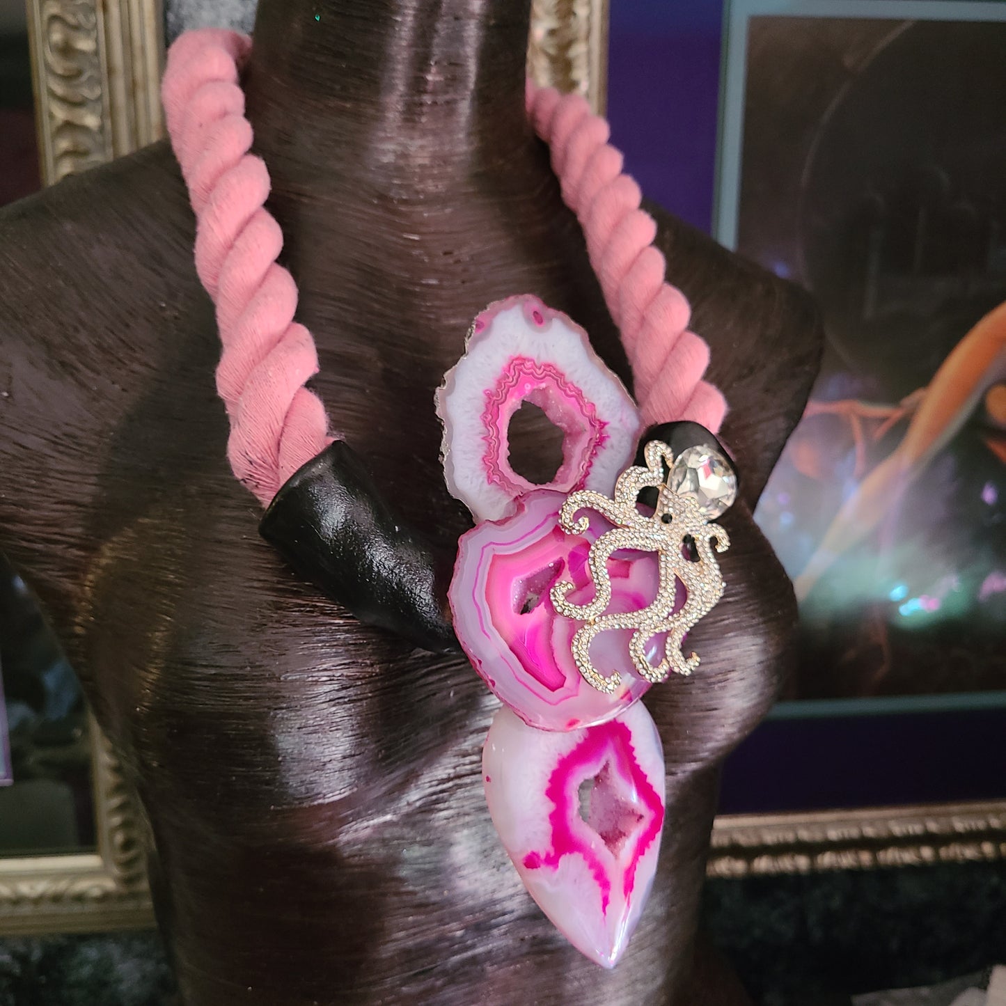 Pink Druzy Agate & Rhinestone Octopus Sculpted Chest Piece With Rope