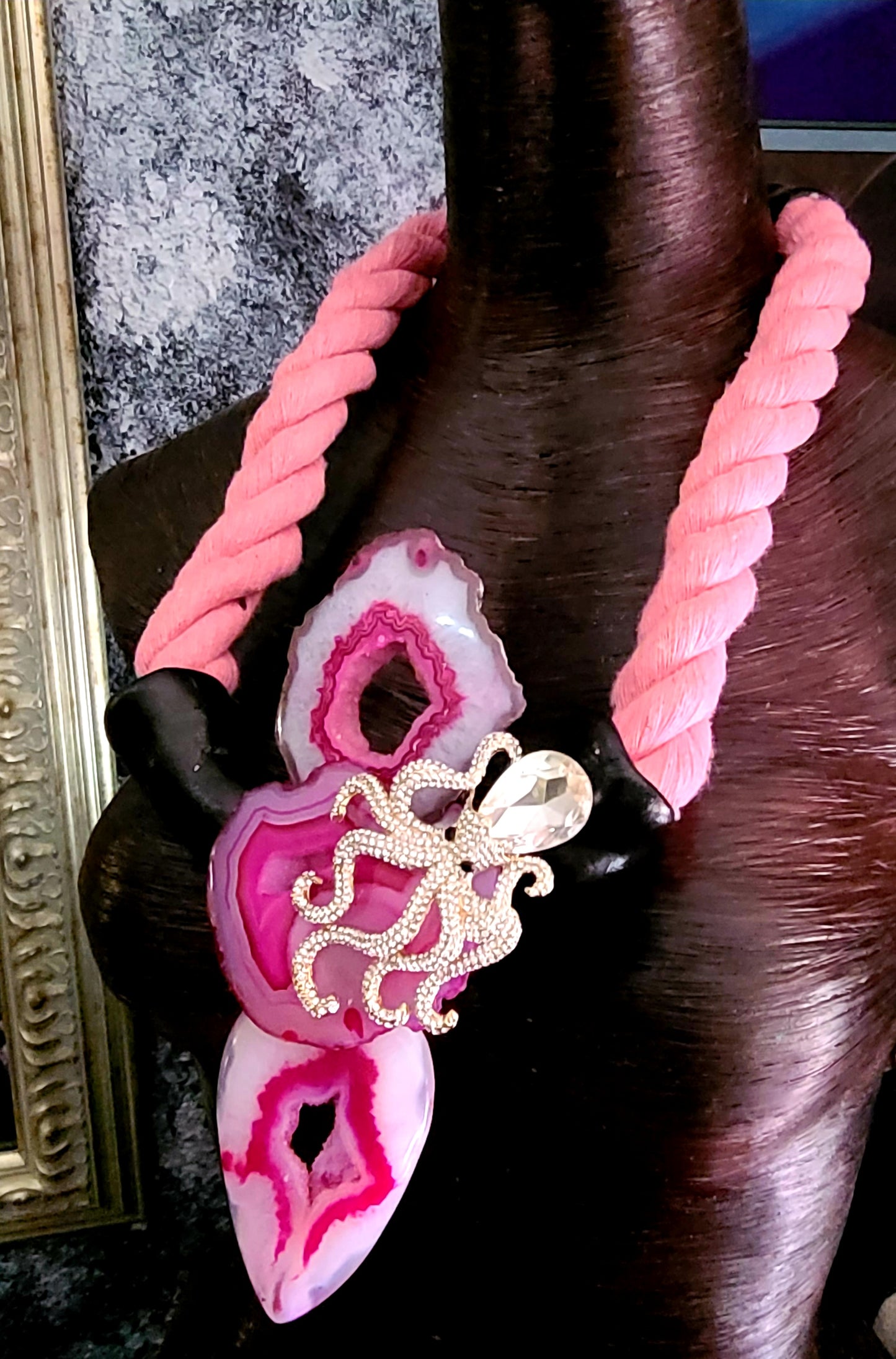 Pink Druzy Agate & Rhinestone Octopus Sculpted Chest Piece With Rope