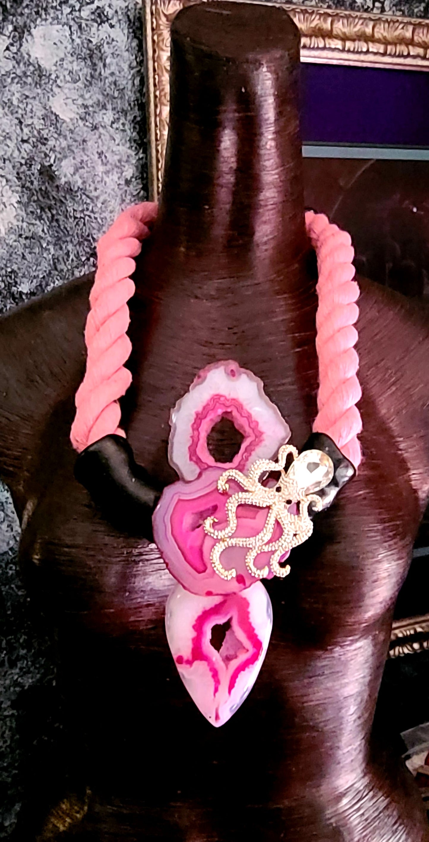 Pink Druzy Agate & Rhinestone Octopus Sculpted Chest Piece With Rope