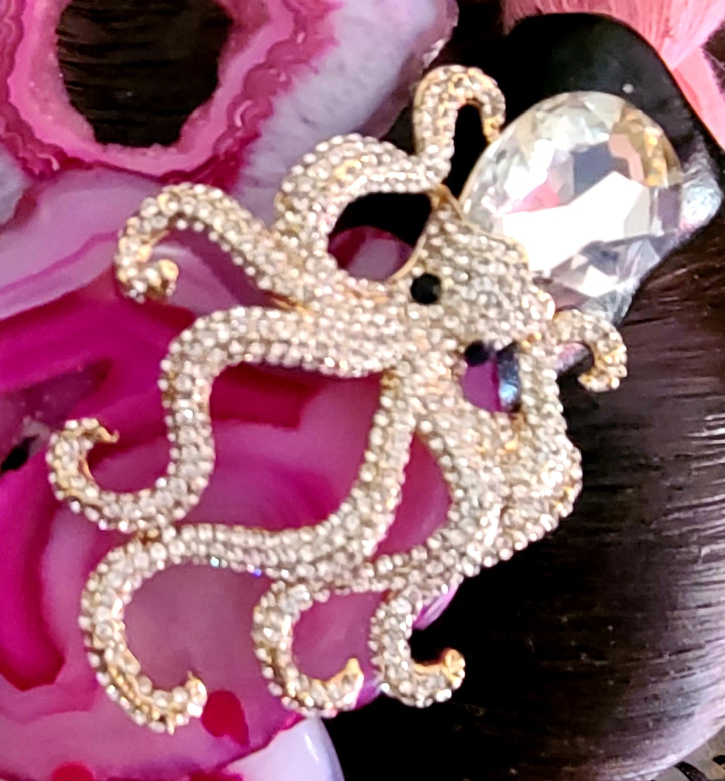 Pink Druzy Agate & Rhinestone Octopus Sculpted Chest Piece With Rope