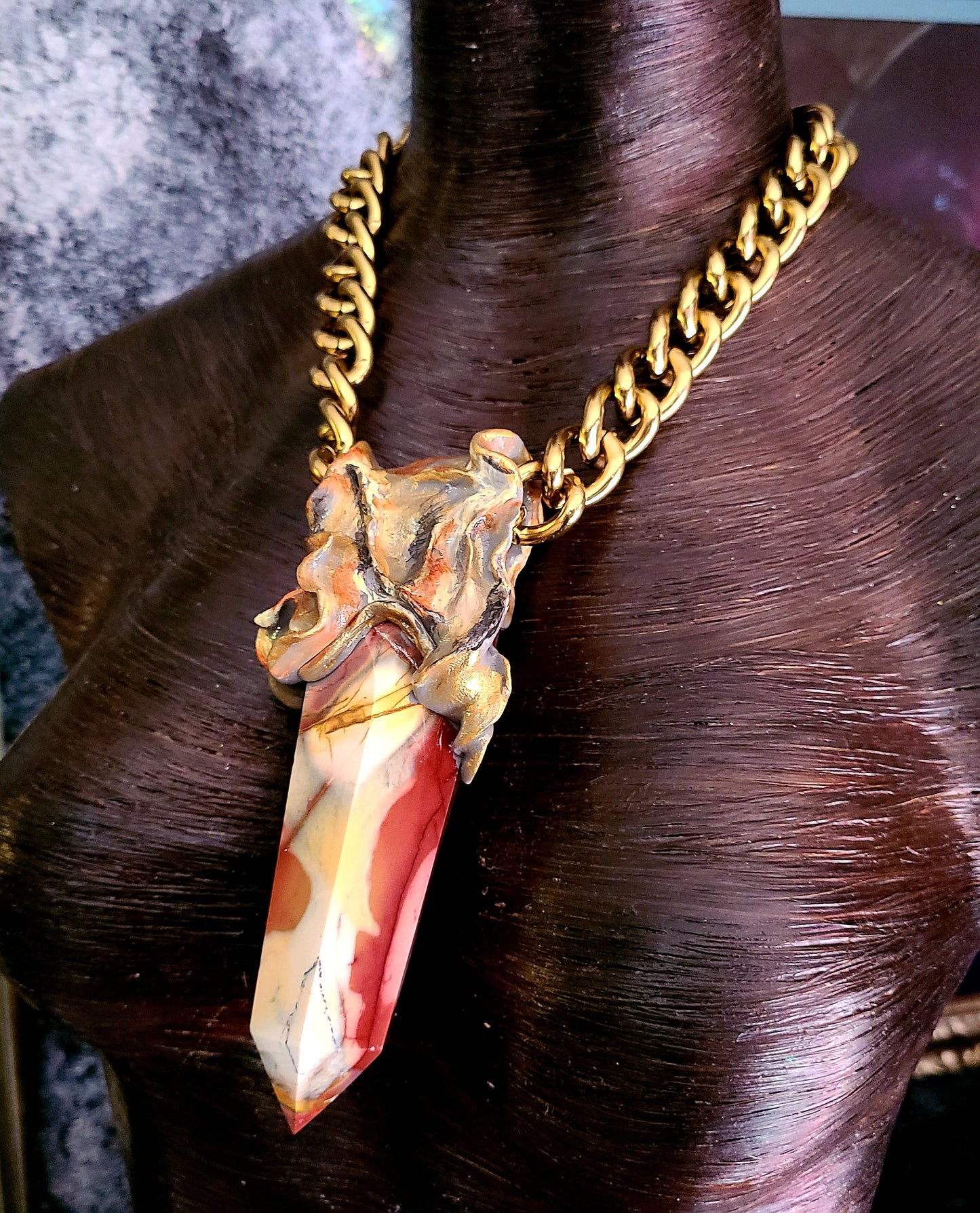 Sculpted Gemstone Pendant Mookaite Jasper Obelisk, Talisman Tower On B