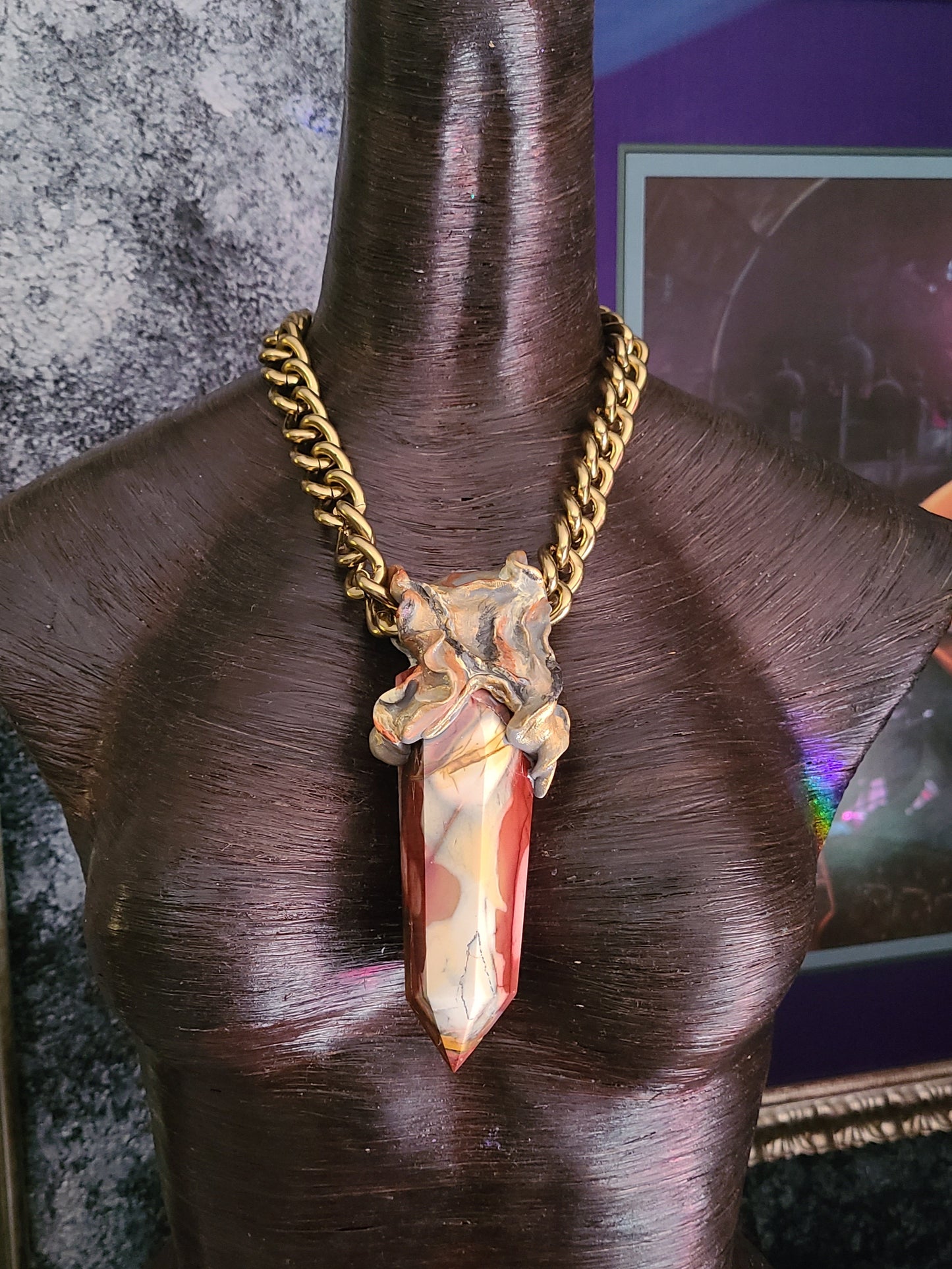 Sculpted Gemstone Pendant Mookaite Jasper Obelisk, Talisman Tower On B
