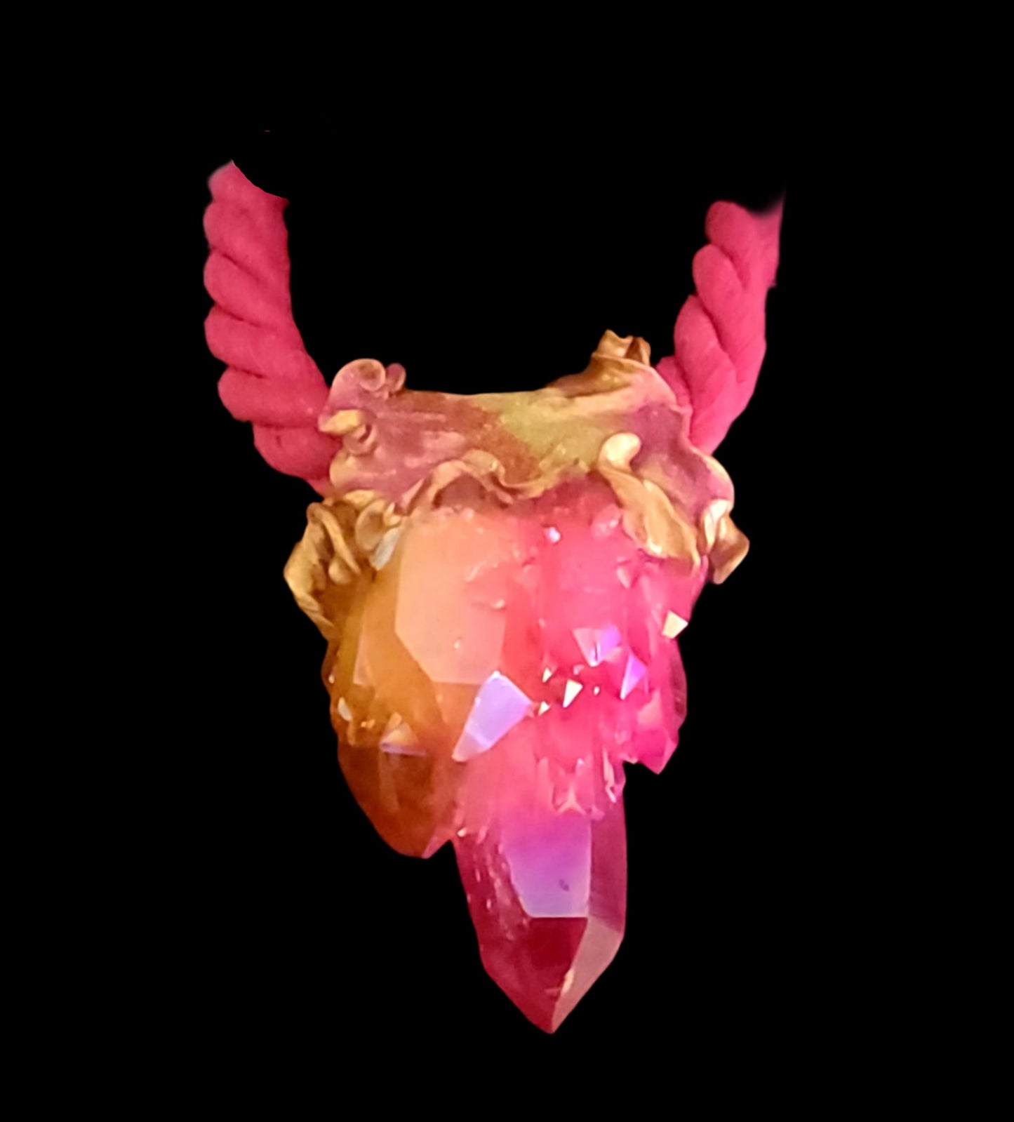 Hot Pink Orange & Yellow Sculpted Quartz Pendant On A Pink Cotten Rope