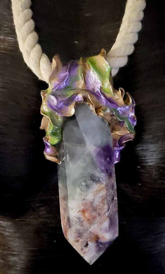 Talisman Sculpted Tower Fluorite, Gemstone Pendant Rope Obelisk Gemsto