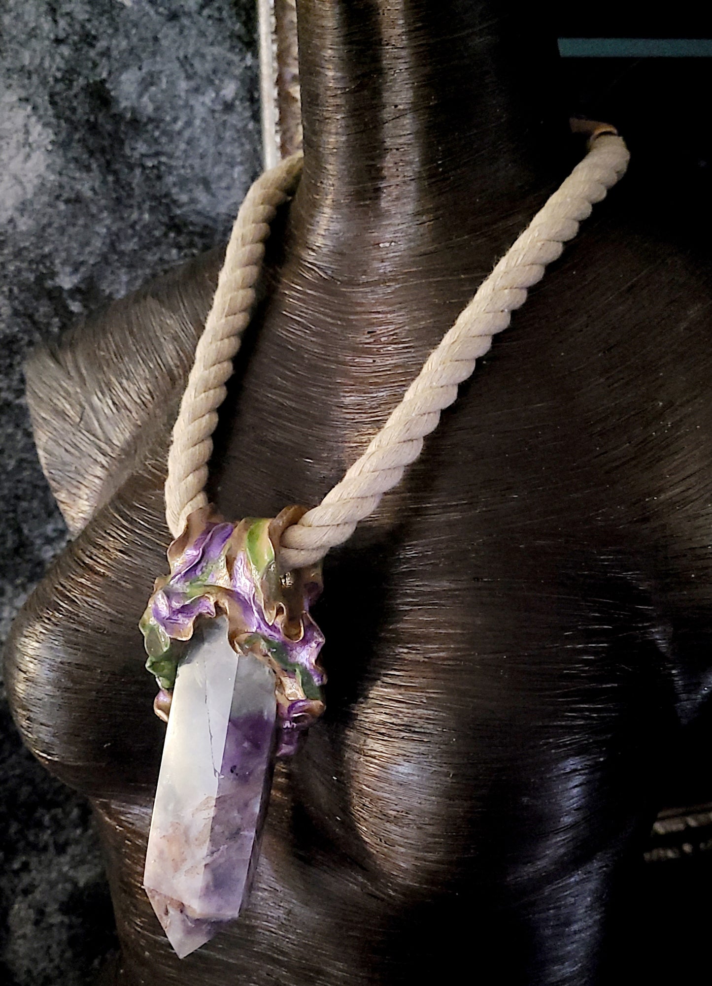 Talisman Sculpted Tower Fluorite, Gemstone Pendant Rope Obelisk Gemsto