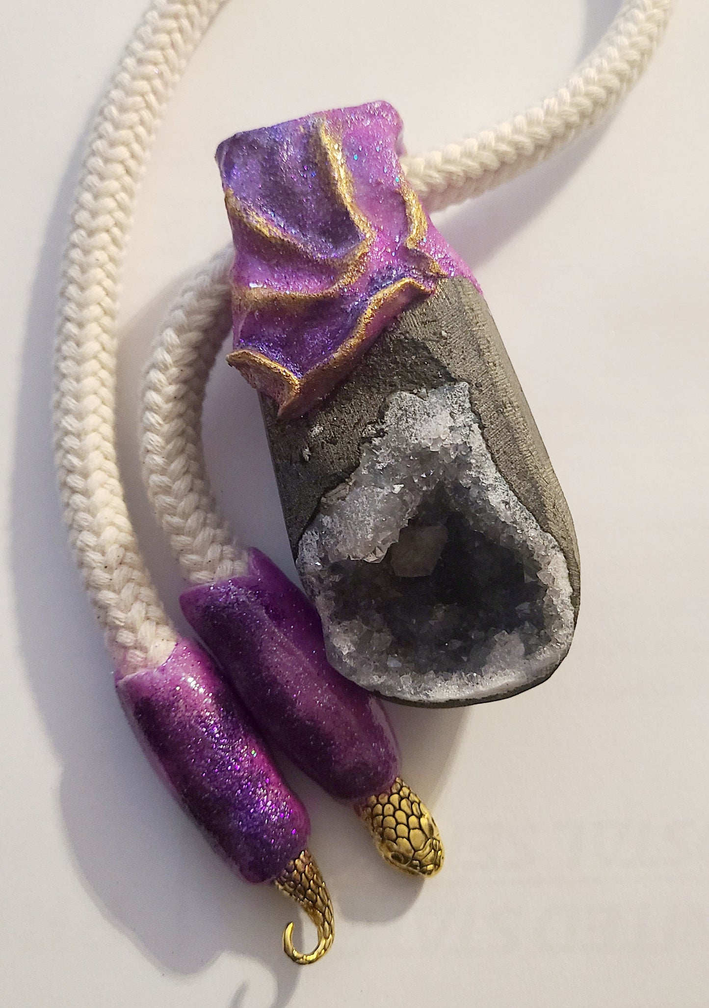 Apophyllite Geode Sculpted Rope Statement Gemstone Pendant Gray Crys