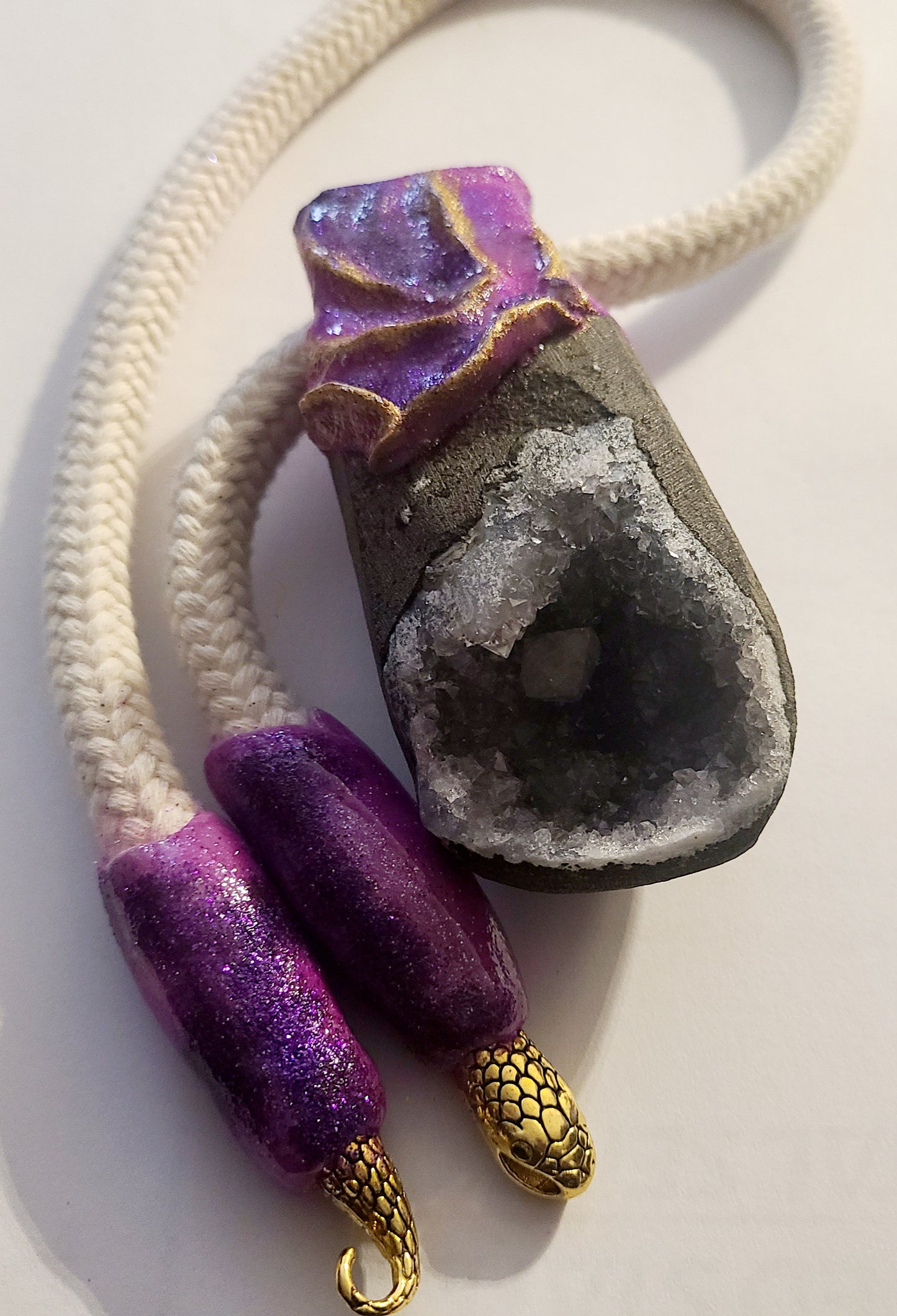 Apophyllite Geode Sculpted Rope Statement Gemstone Pendant Gray Crys