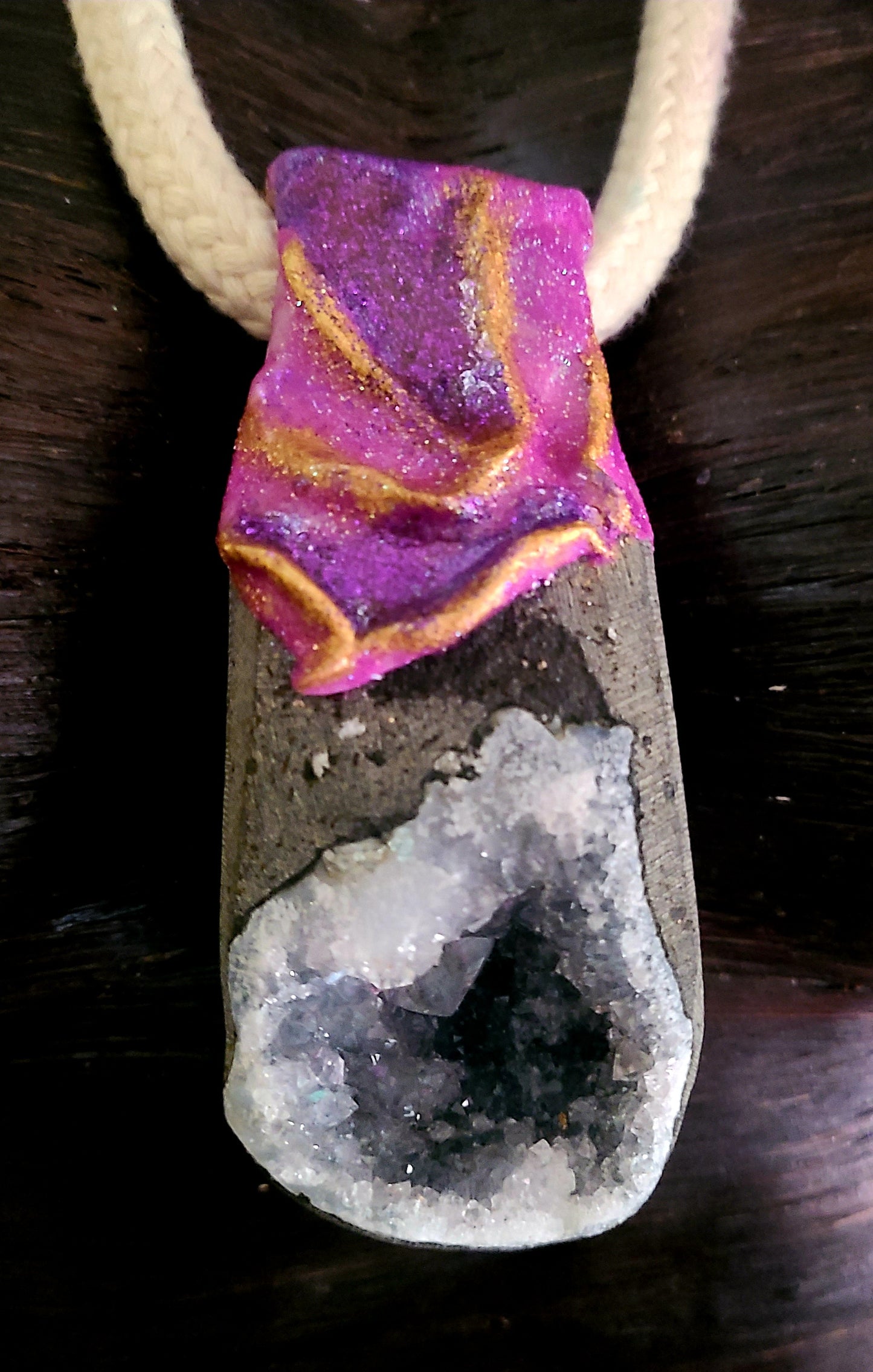 Apophyllite Geode Sculpted Rope Statement Gemstone Pendant Gray Crys