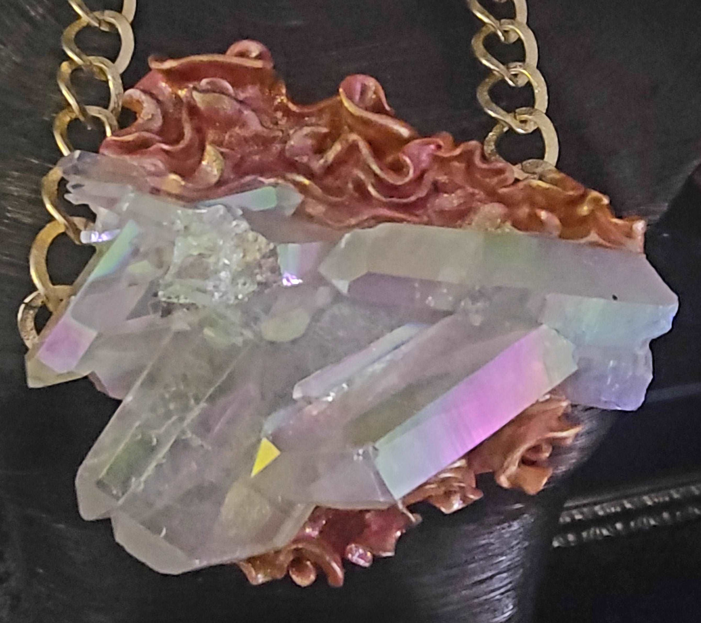 Breast Plate Pendant Luxury Quartz Angel Aura, Pendant Sculpted Baroque Style, Crystal Flame Rough Raw Unisex