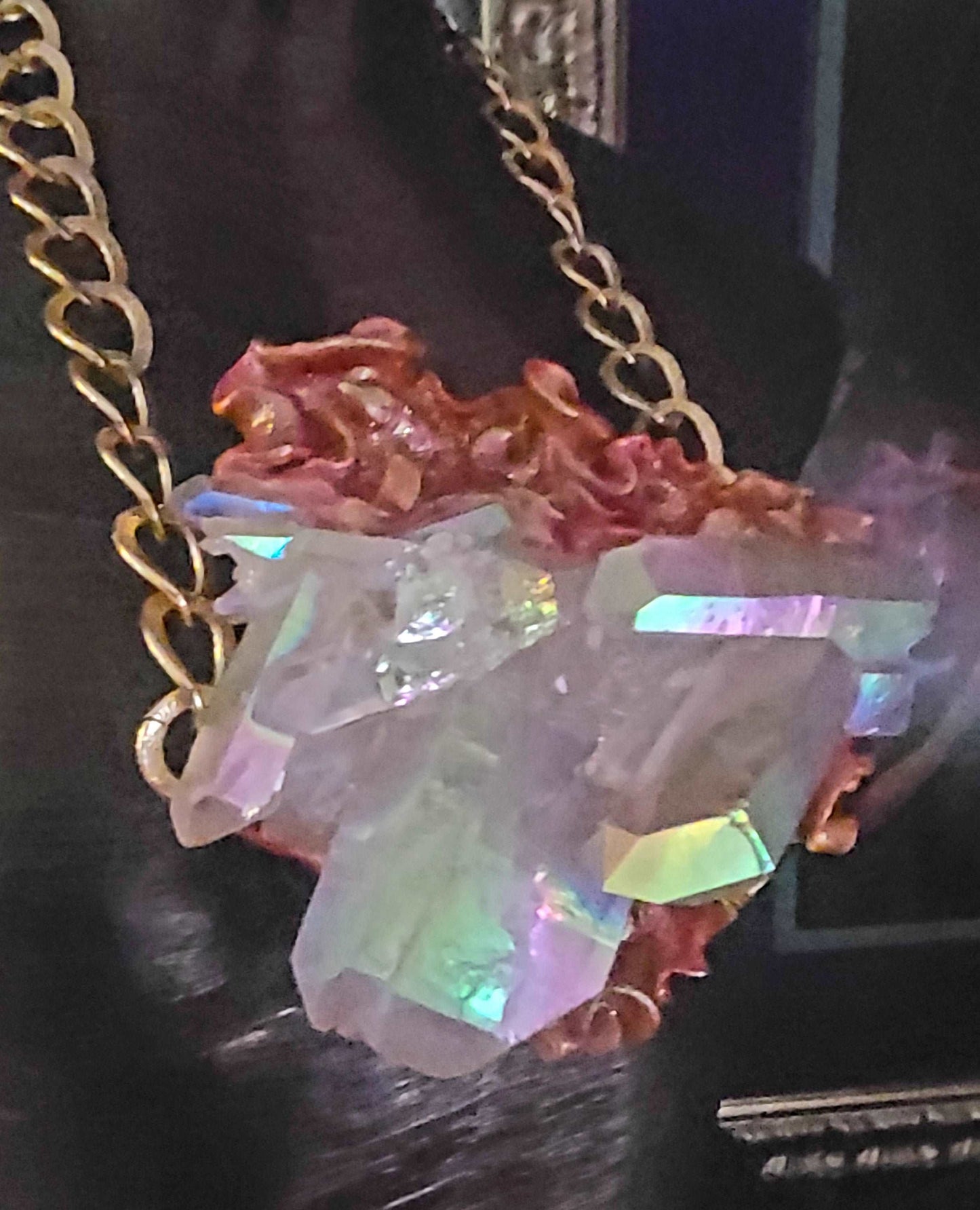 Breast Plate Pendant Luxury Quartz Angel Aura, Pendant Sculpted Baroque Style, Crystal Flame Rough Raw Unisex