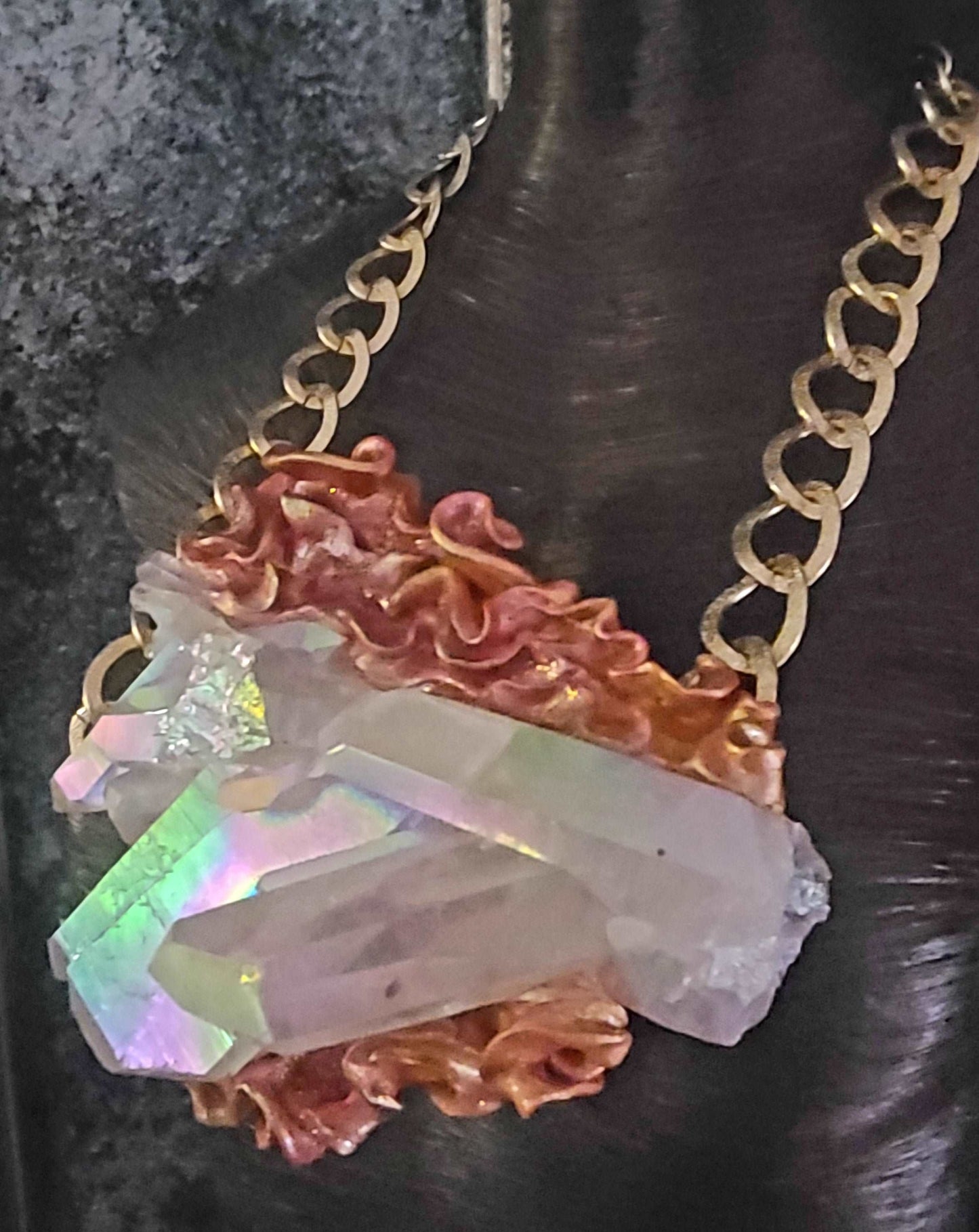 Breast Plate Pendant Luxury Quartz Angel Aura, Pendant Sculpted Baroque Style, Crystal Flame Rough Raw Unisex
