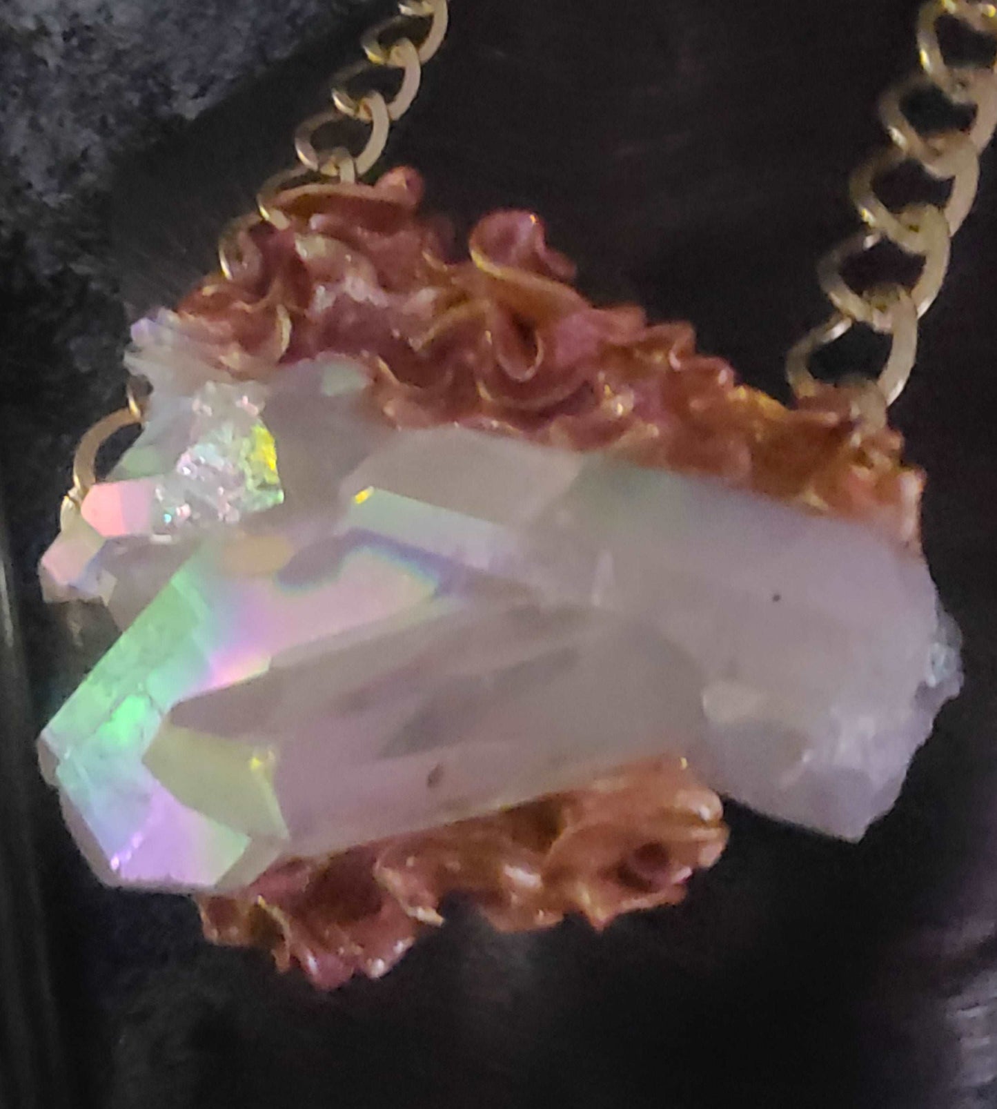 Breast Plate Pendant Luxury Quartz Angel Aura, Pendant Sculpted Baroque Style, Crystal Flame Rough Raw Unisex