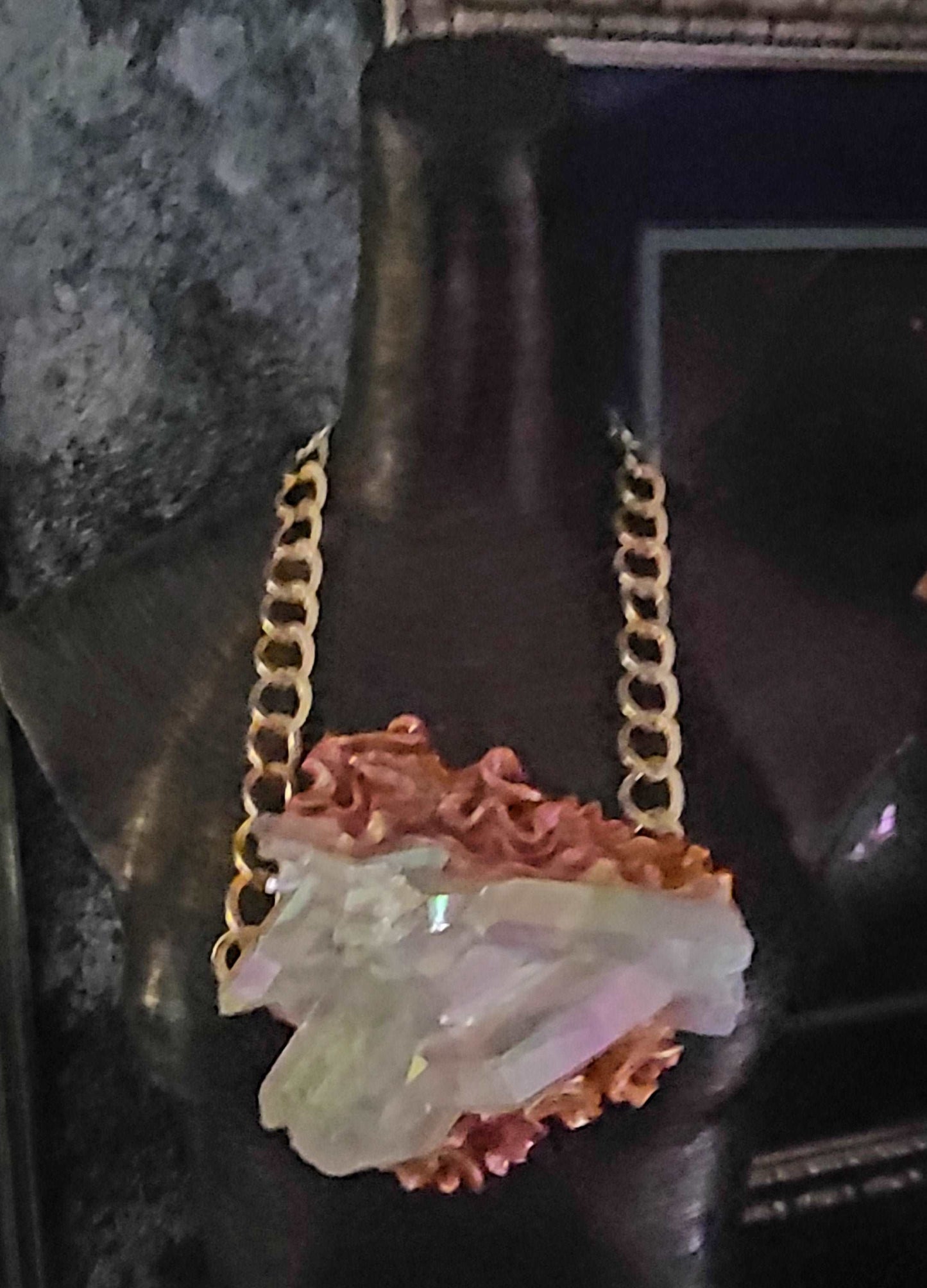 Breast Plate Pendant Luxury Quartz Angel Aura, Pendant Sculpted Baroque Style, Crystal Flame Rough Raw Unisex