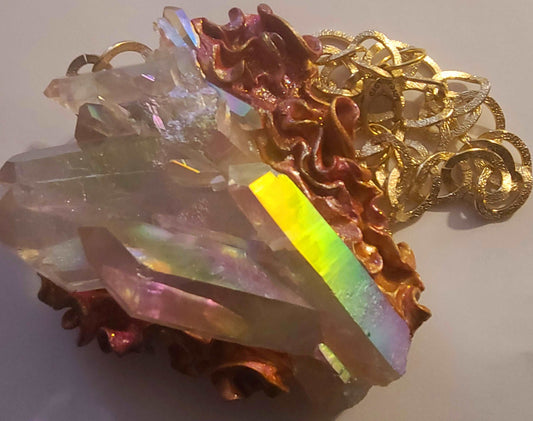 Breast Plate Pendant Luxury Quartz Angel Aura, Pendant Sculpted Baroque Style, Crystal Flame Rough Raw Unisex