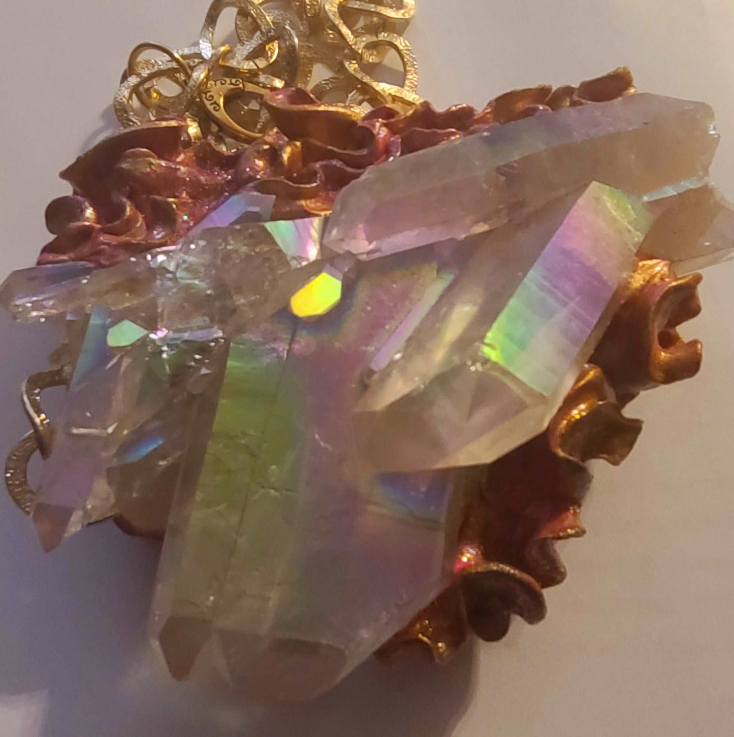 Breast Plate Pendant Luxury Quartz Angel Aura, Pendant Sculpted Baroque Style, Crystal Flame Rough Raw Unisex
