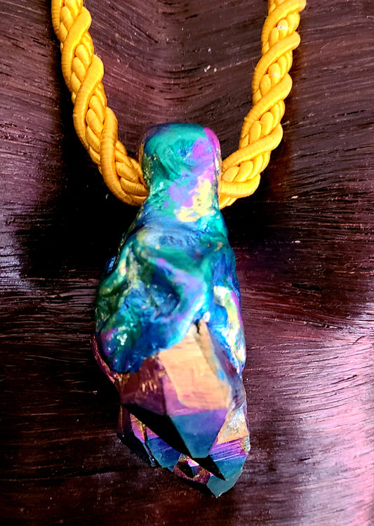 Titanium Quartz Sculpted Gemstone Pendant with Yellow Satin Rope
