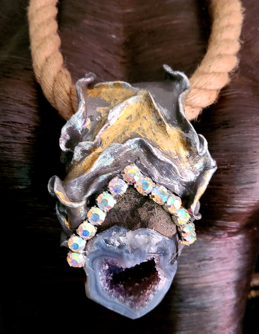 Sculpted Amethyst Geode Gemstone Pendant with Jute Rope - Crystal Cave