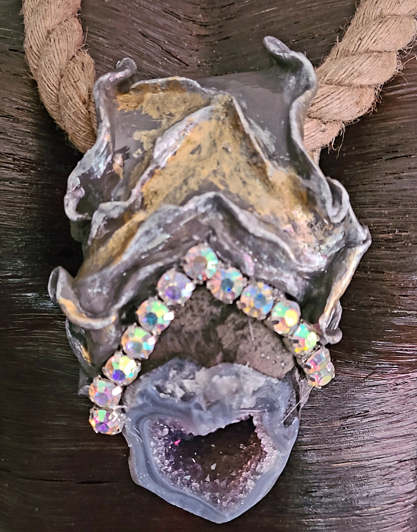 Sculpted Amethyst Geode Gemstone Pendant with Jute Rope - Crystal Cave