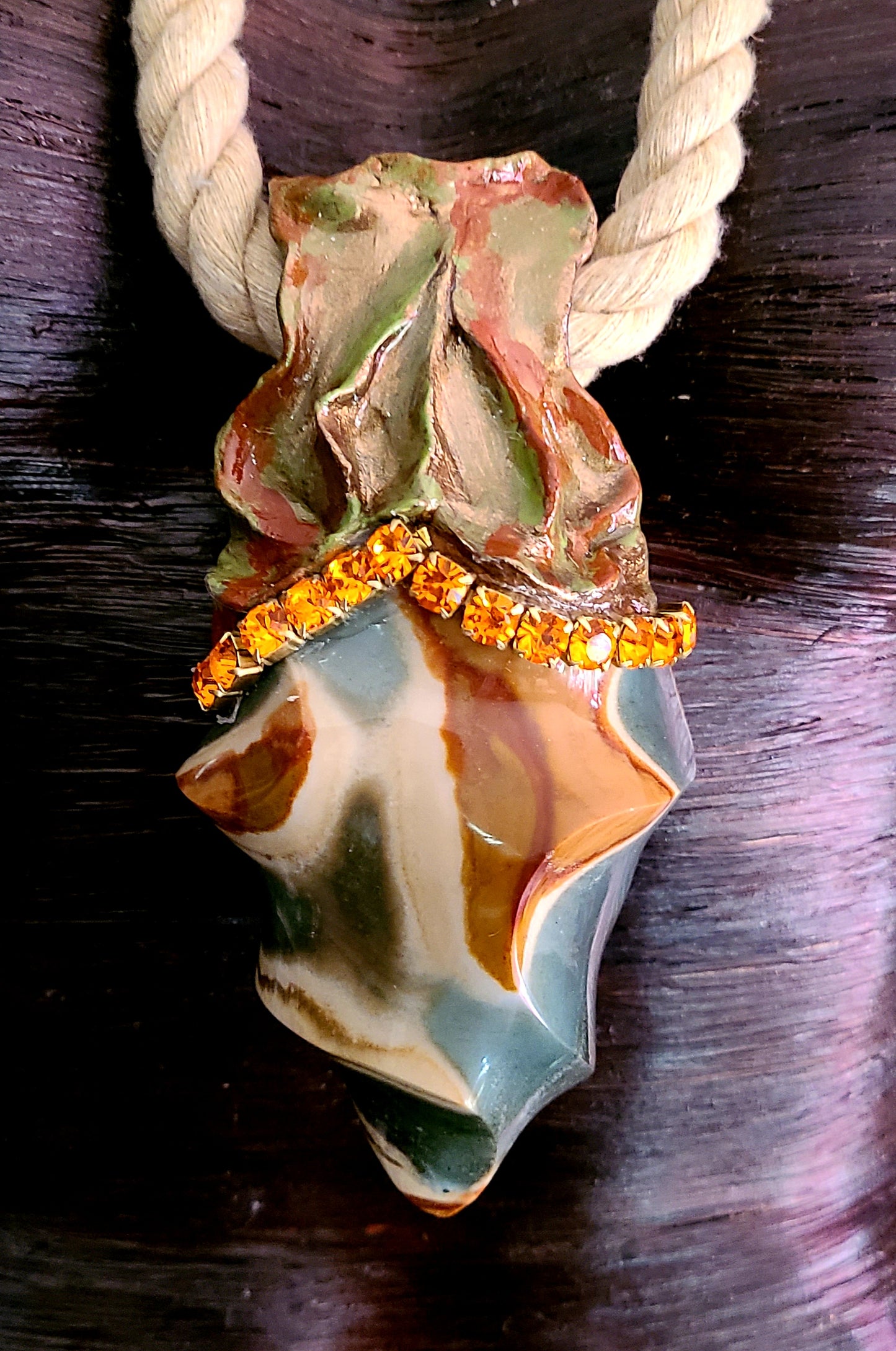 Gemstone Pendant Rope Cotton Flame Ocean Jasper, Talisman Camouflage P