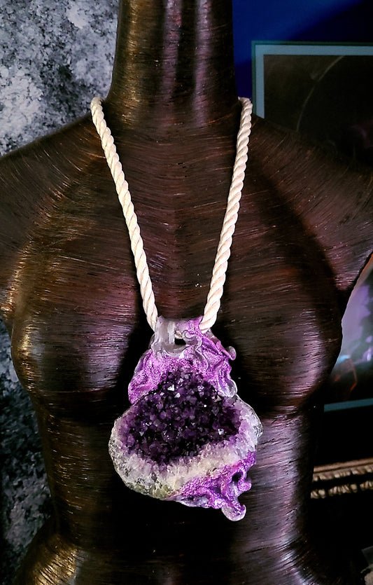 Rough Amethyst Sculpted Pendant on a Satin Cord - Purple Crystals