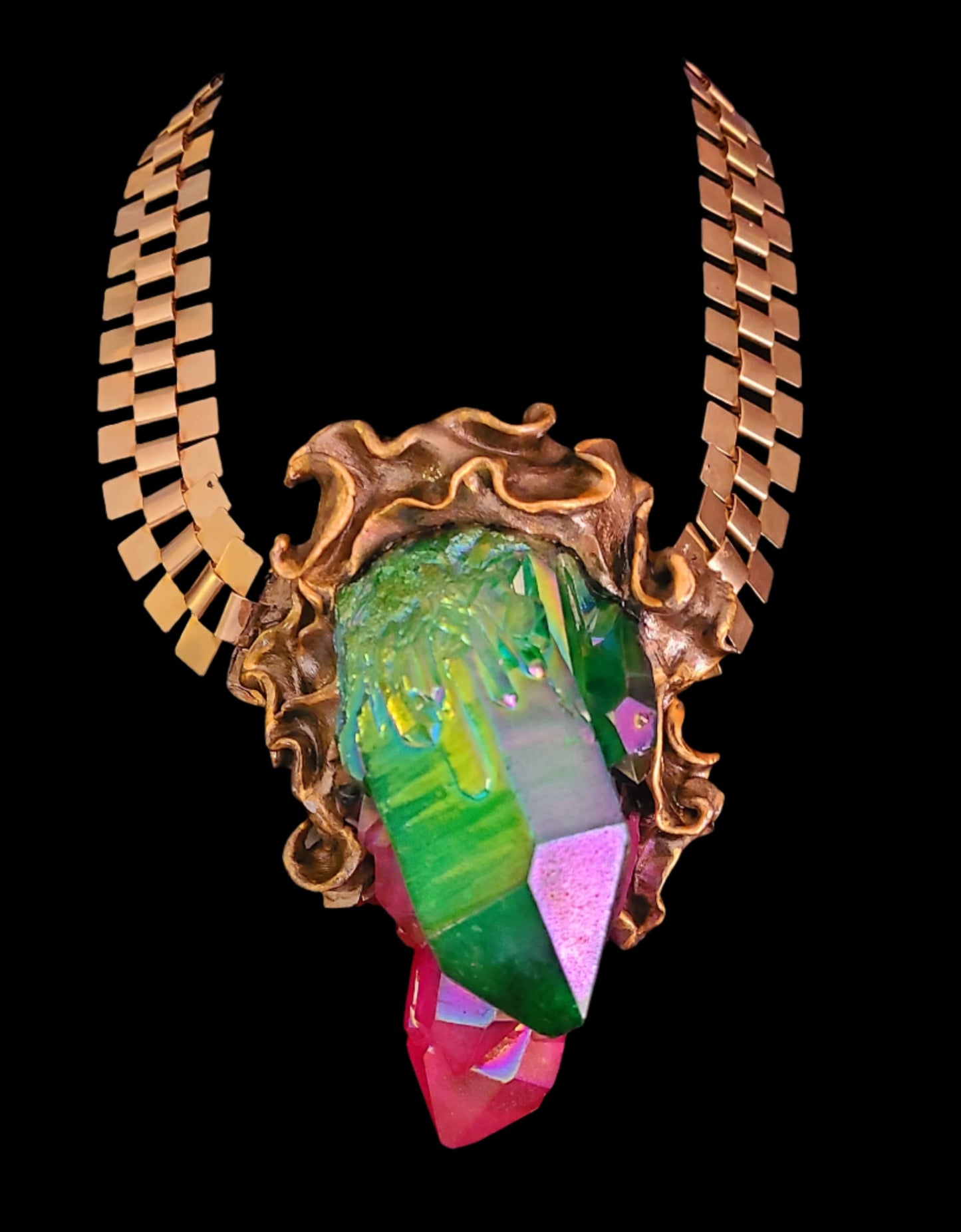 Huge Bismuth Aura Quartz Sculpted Pendant On A Wide Gold Tone Vintage Chain