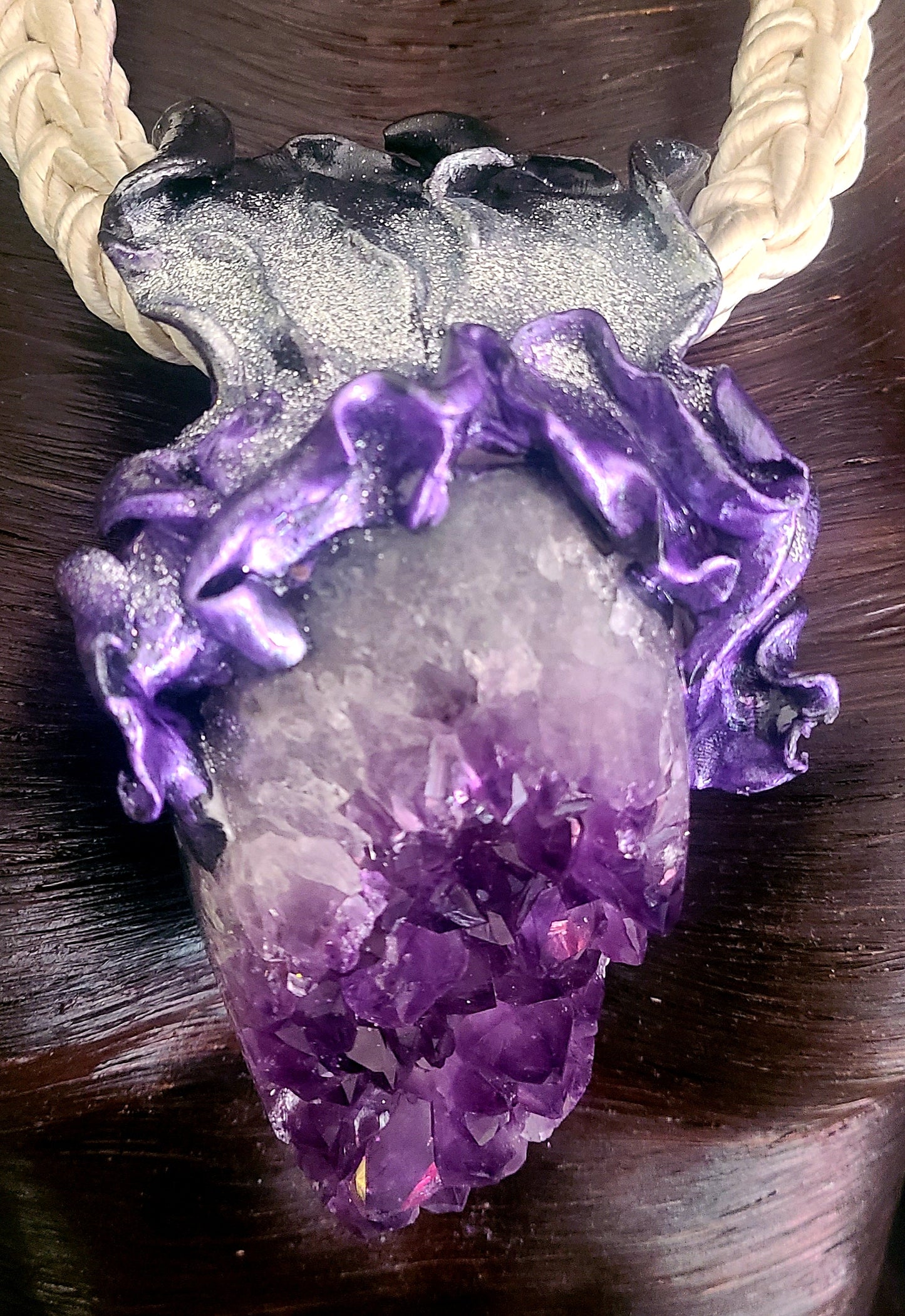 Purple Geode Cave Talisman & Braided Silk Rope - Haute Couture Hippie