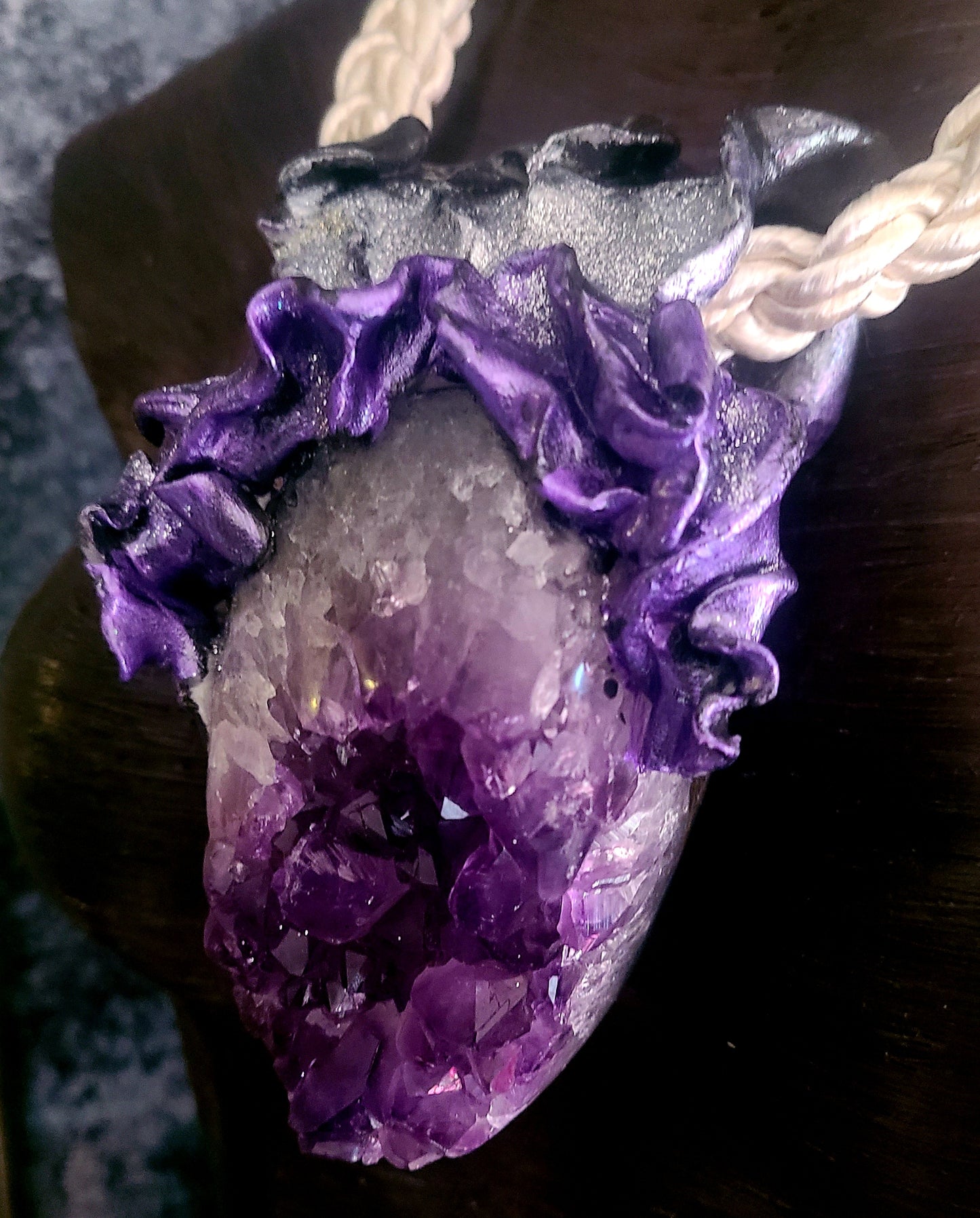 Purple Geode Cave Talisman & Braided Silk Rope - Haute Couture Hippie