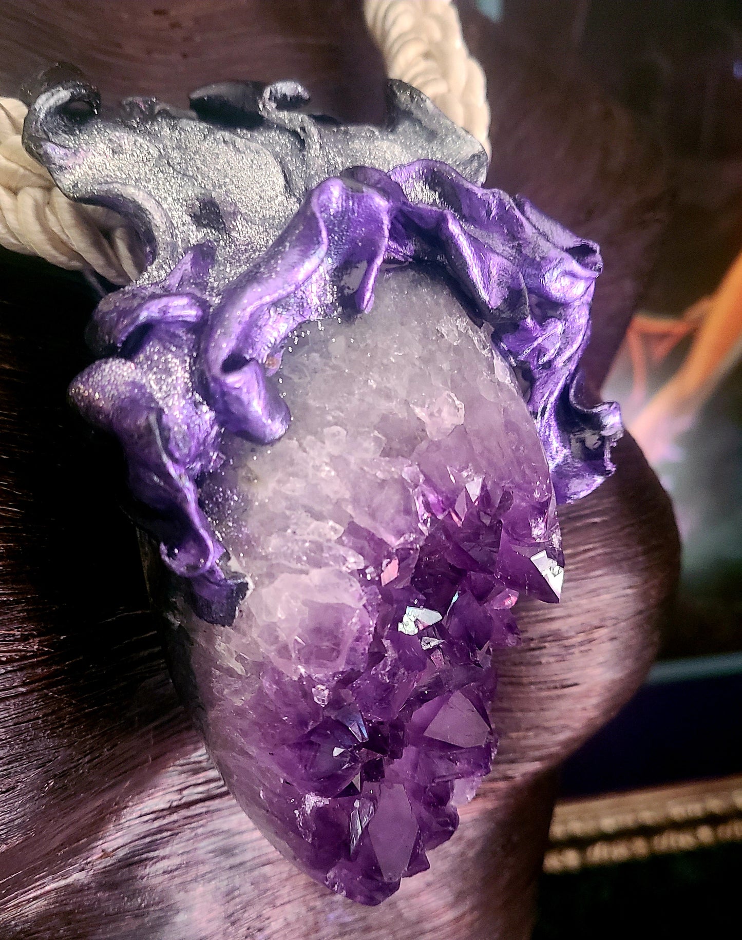 Purple Geode Cave Talisman & Braided Silk Rope - Haute Couture Hippie