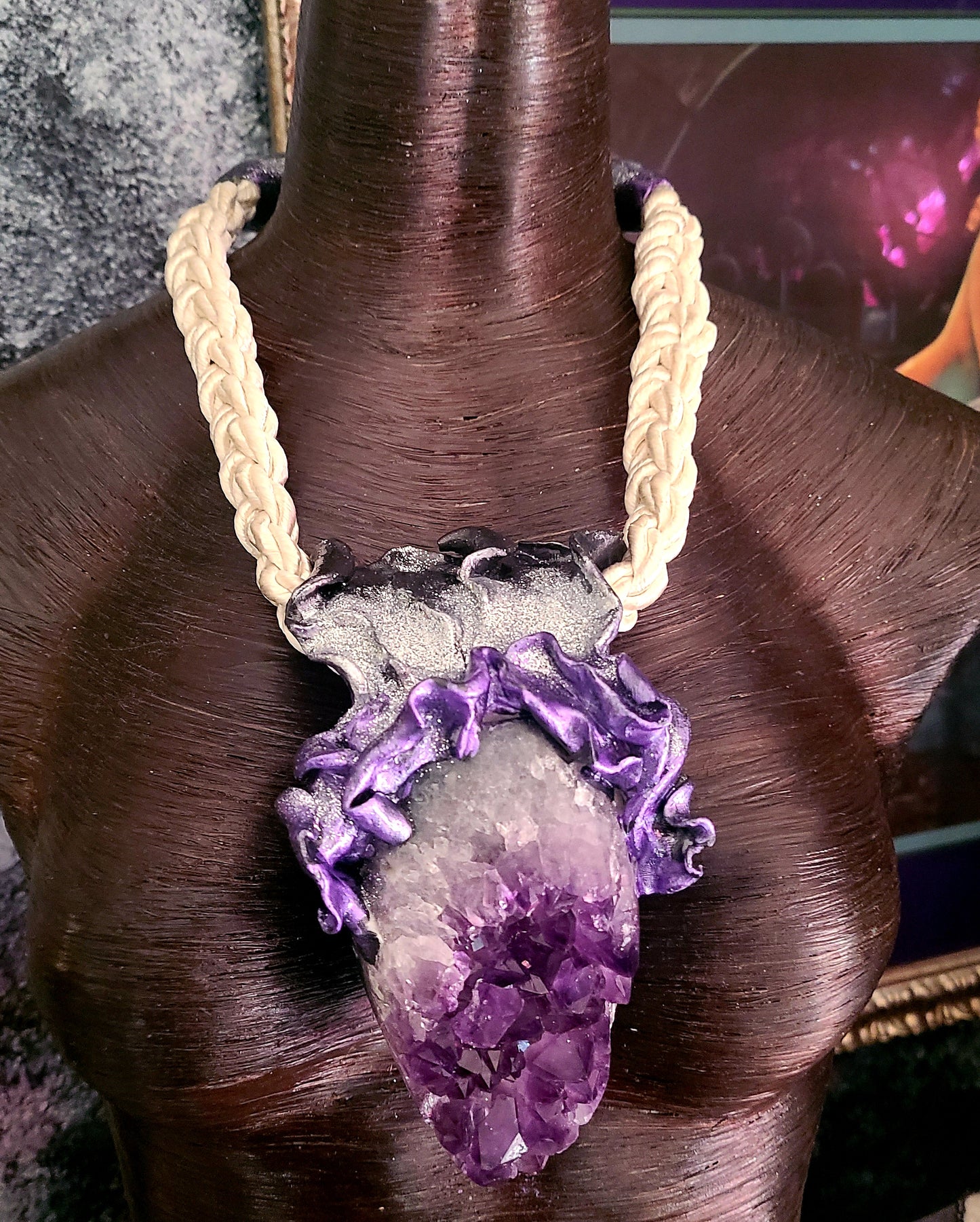 Purple Geode Cave Talisman & Braided Silk Rope - Haute Couture Hippie
