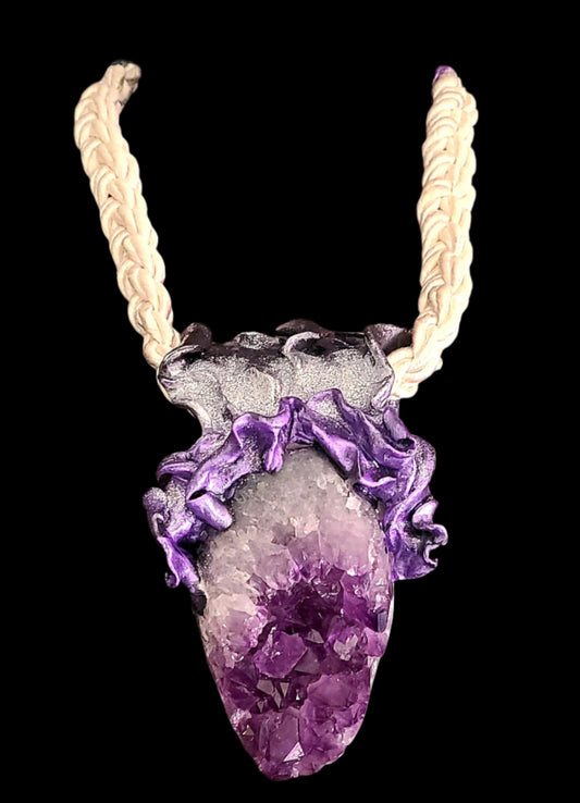 Purple Geode Talisman & Braided Silk - Wearable Sculpture