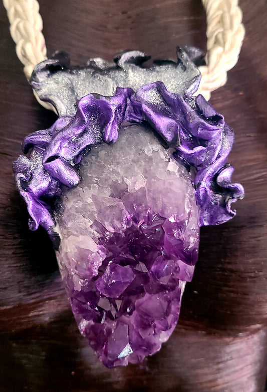 Purple Geode Talisman & Braided Silk - Wearable Sculpture