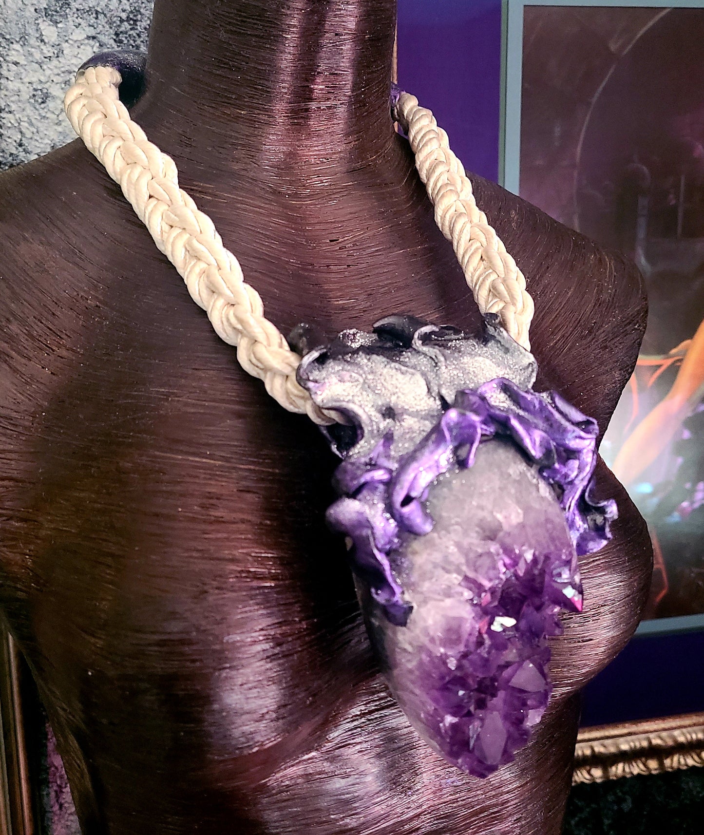 Purple Geode Cave Talisman & Braided Silk Rope - Haute Couture Hippie