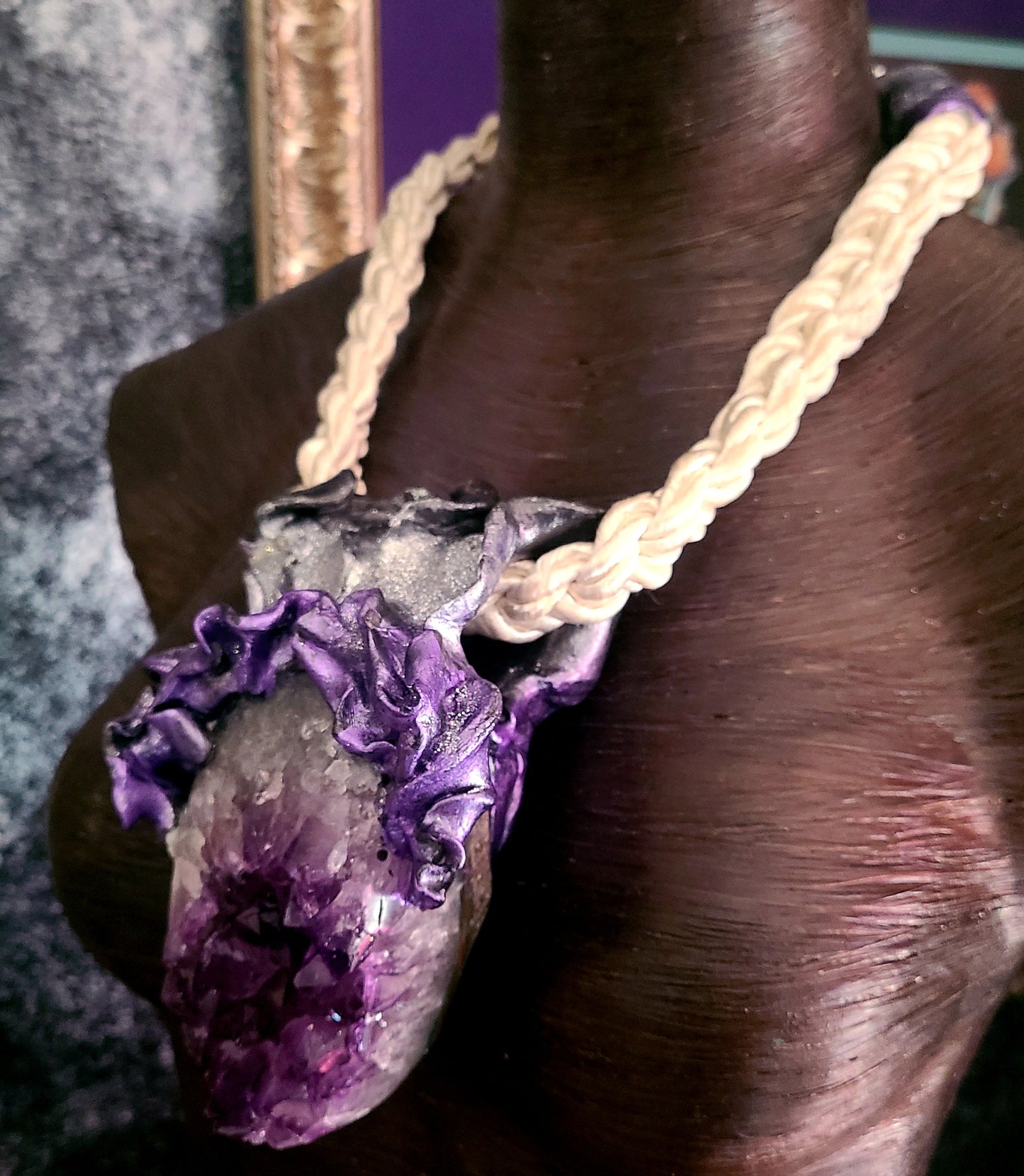 Purple Geode Cave Talisman & Braided Silk Rope - Haute Couture Hippie