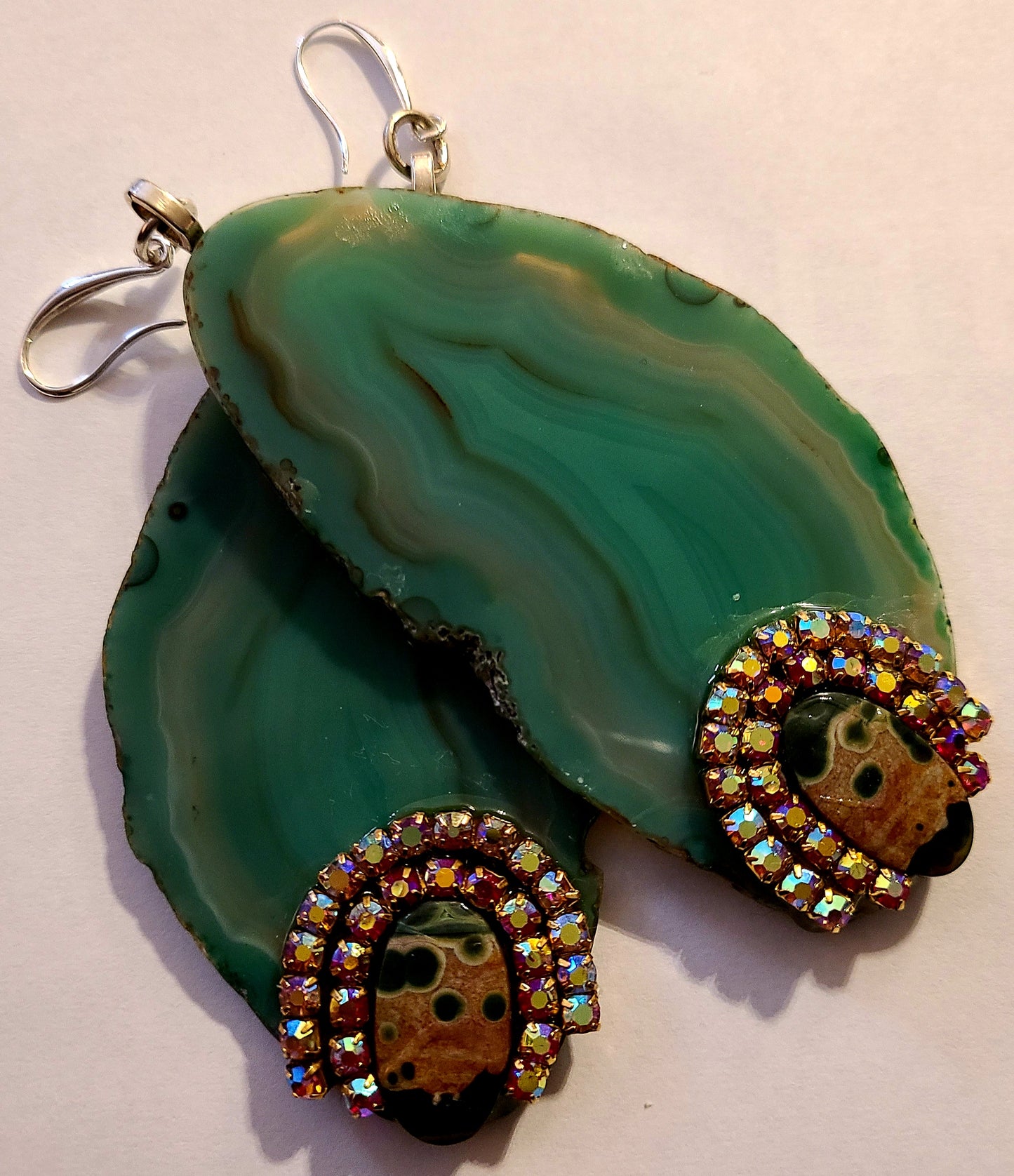 Polished Green Agate Slice & Ocean Jasper Dangle Pierced Statement Ear