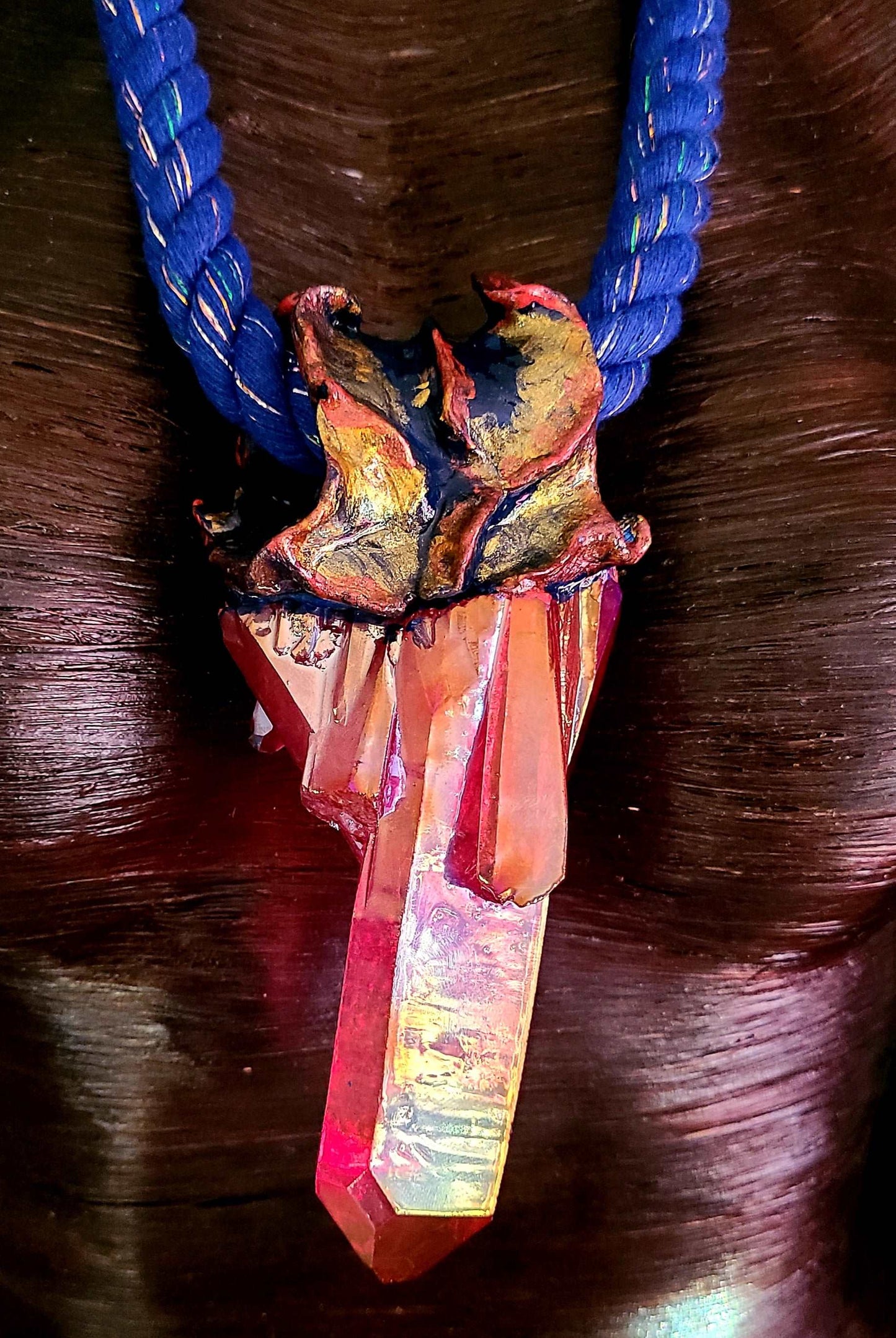 Amulet Quartz Red Aura Rope, Jewelry Boho Couture Modern Hippie, Pendant Sculpted Gemstone Unisex