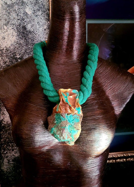 Rough Chrysocolla Sculped Gemstone Pendant with Green Rope Unisex St