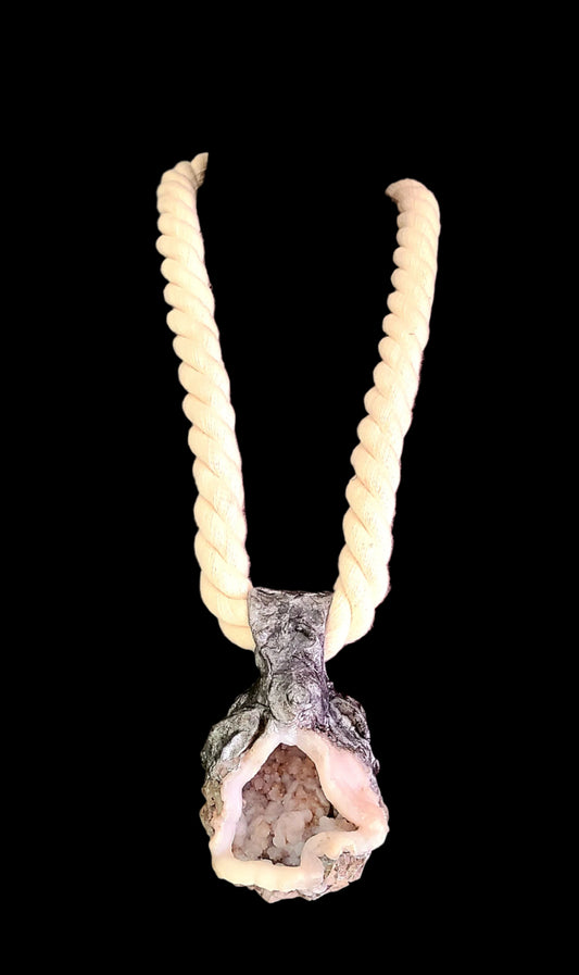 Sculpted Geode Gemstone Pendant With Thick Rope - Crystal Cave